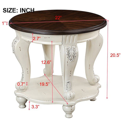 22 Inch Round End Table Beige Rubber Wood Sofa Side Table with Shelf for Living Room