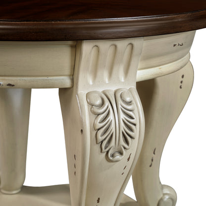 22 Inch Round End Table Beige Rubber Wood Sofa Side Table with Shelf for Living Room
