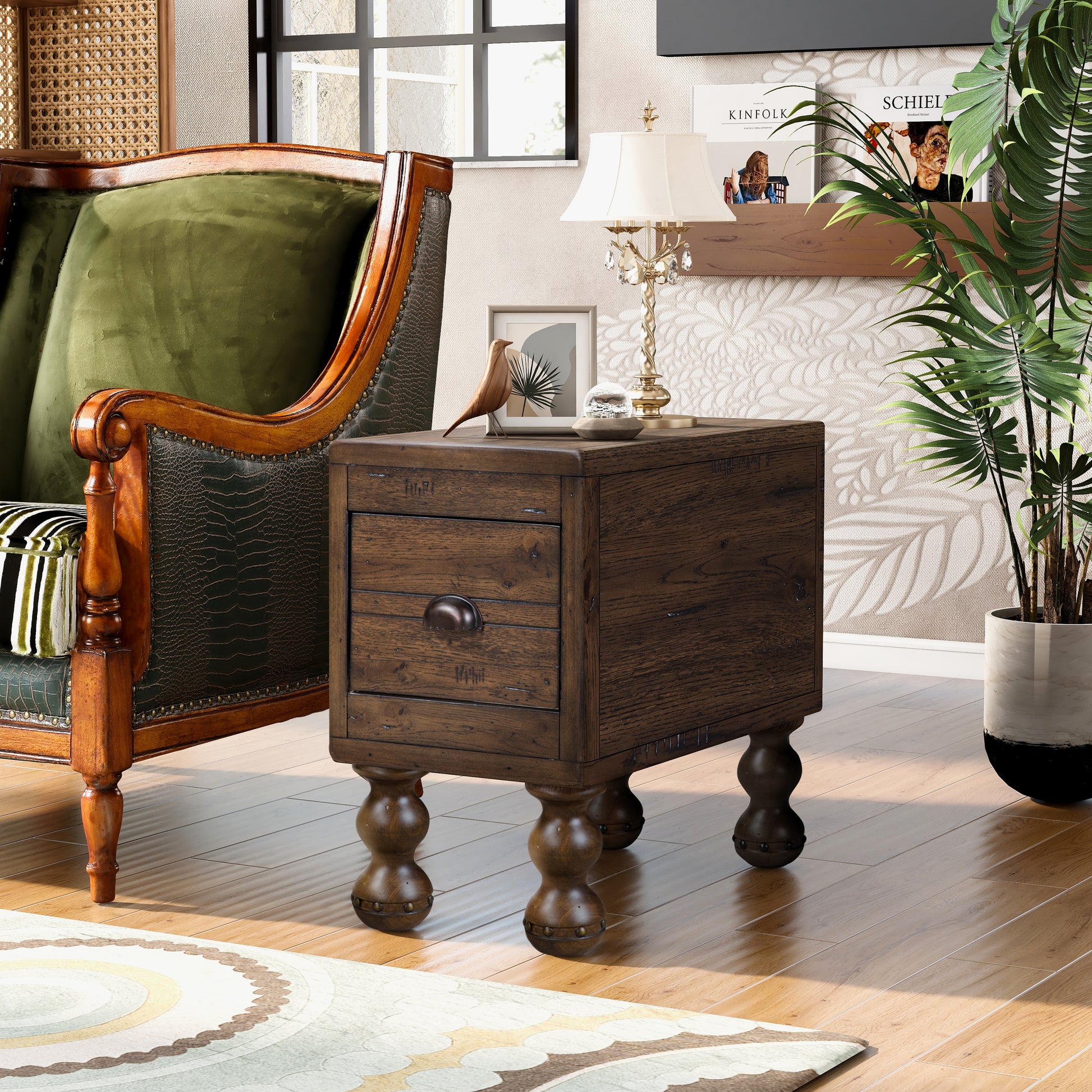 Espresso Pine End Table with Drawer - Small Side Table for Living Room