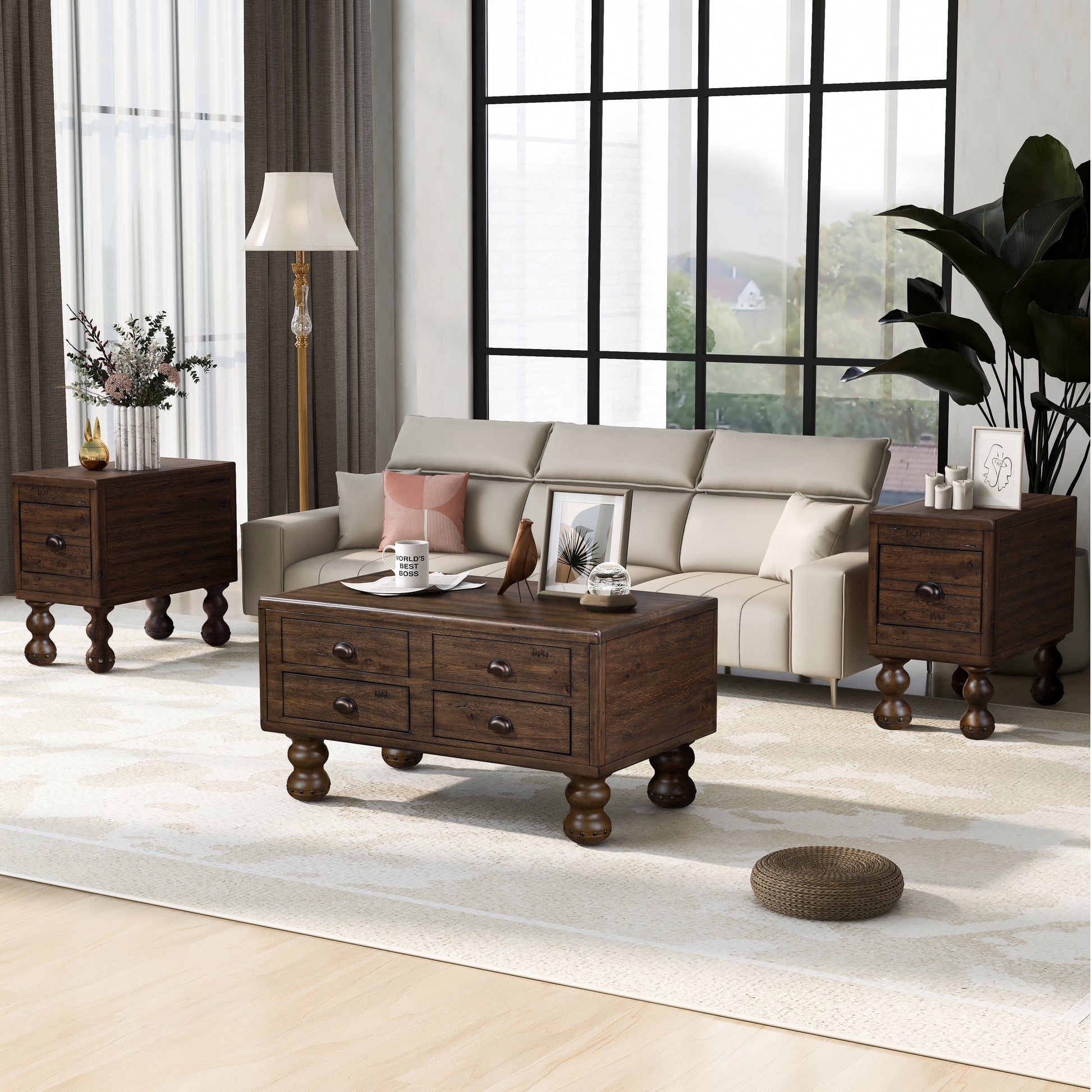 Espresso Pine End Table with Drawer - Small Side Table for Living Room