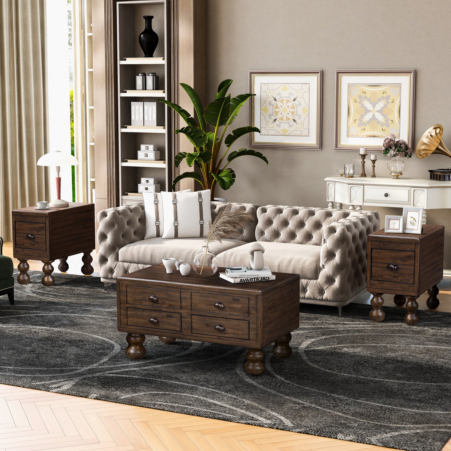 Espresso Pine End Table with Drawer - Small Side Table for Living Room
