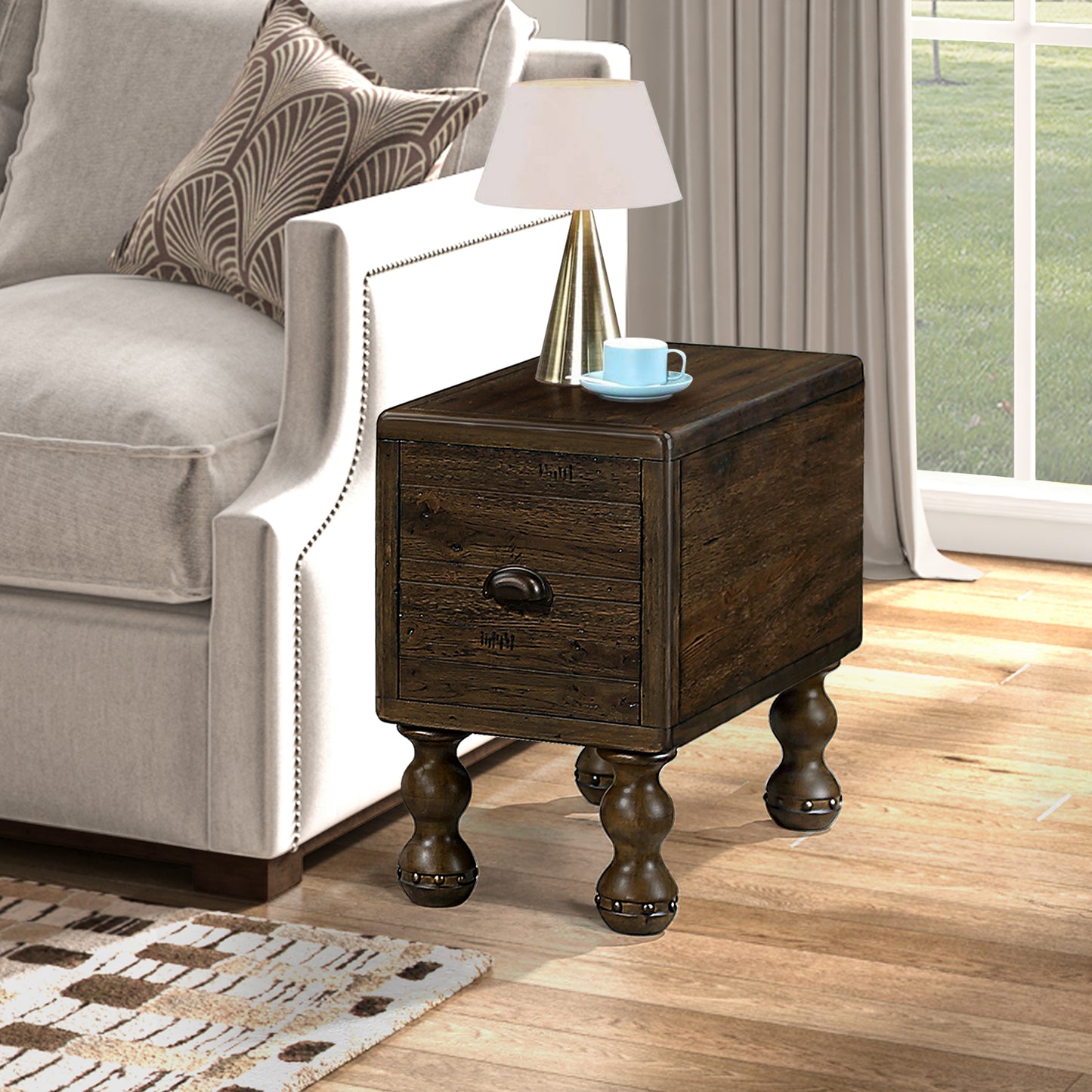Espresso Pine End Table with Drawer - Small Side Table for Living Room