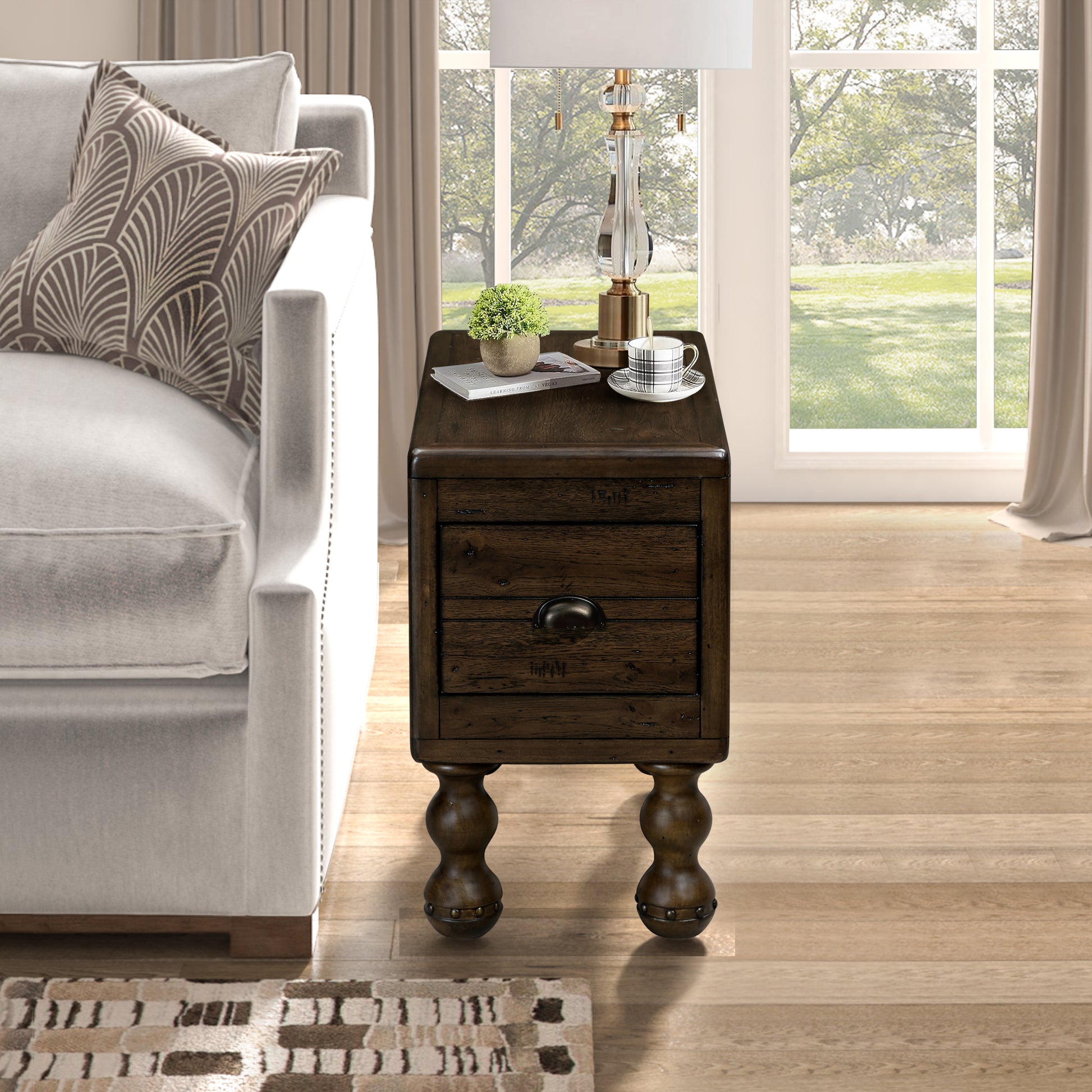 Espresso Pine End Table with Drawer - Small Side Table for Living Room