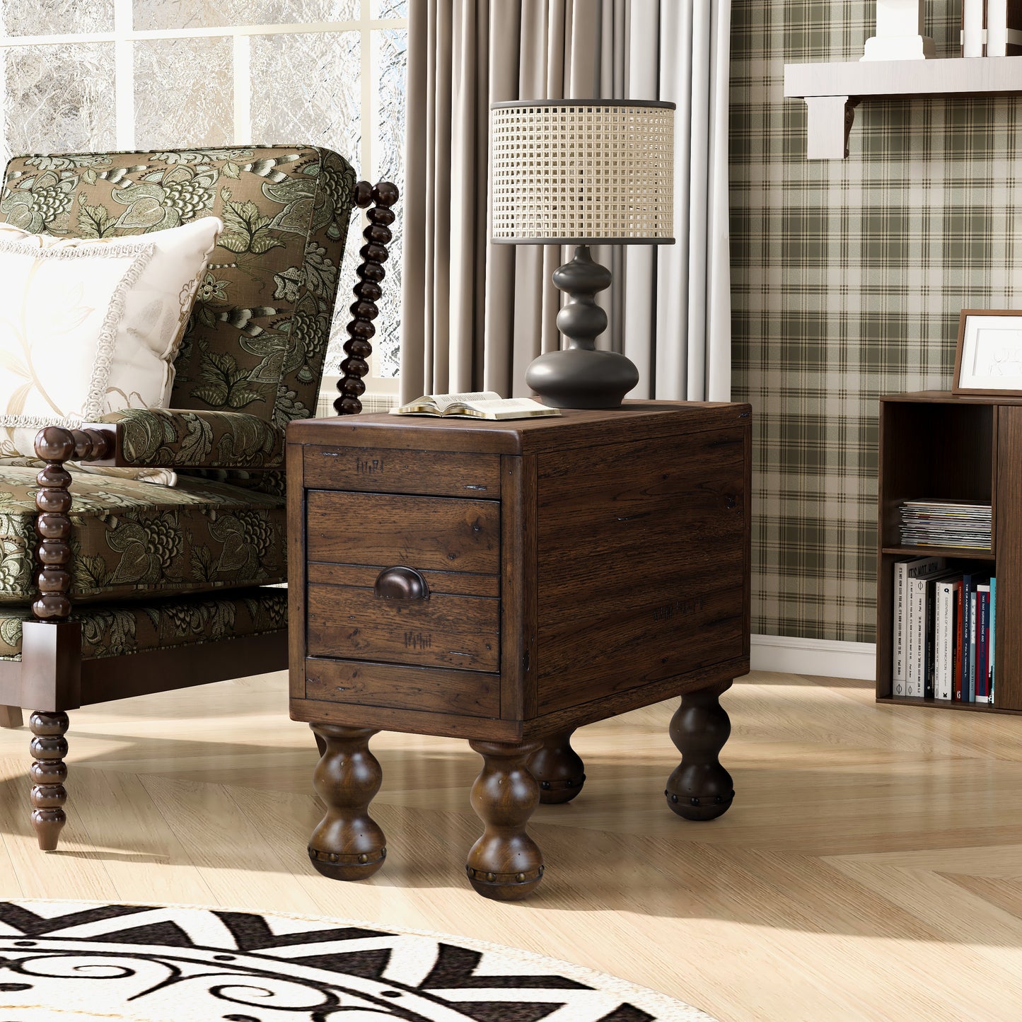 Solid Wood End Table, Rectangle 23.6 inch Narrow Side Table with Drawer, Vintage Bedside Table Nightstand for Small Spaces, Living Room, Bedroom, Easy Assembly, Espresso