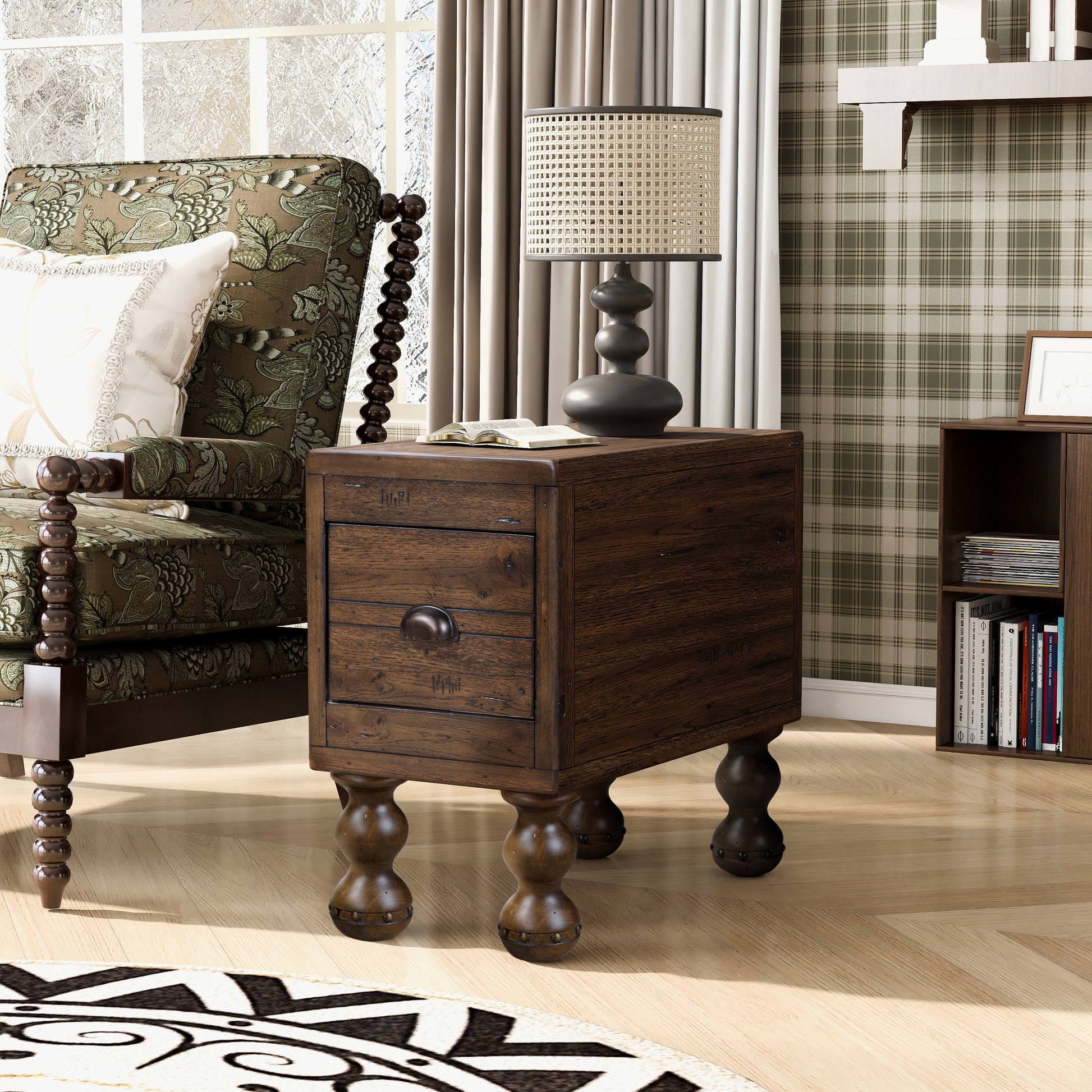 Solid Wood End Table, Rectangle 23.6 inch Narrow Side Table with Drawer, Vintage Bedside Table Nightstand for Small Spaces, Living Room, Bedroom, Easy Assembly, Espresso