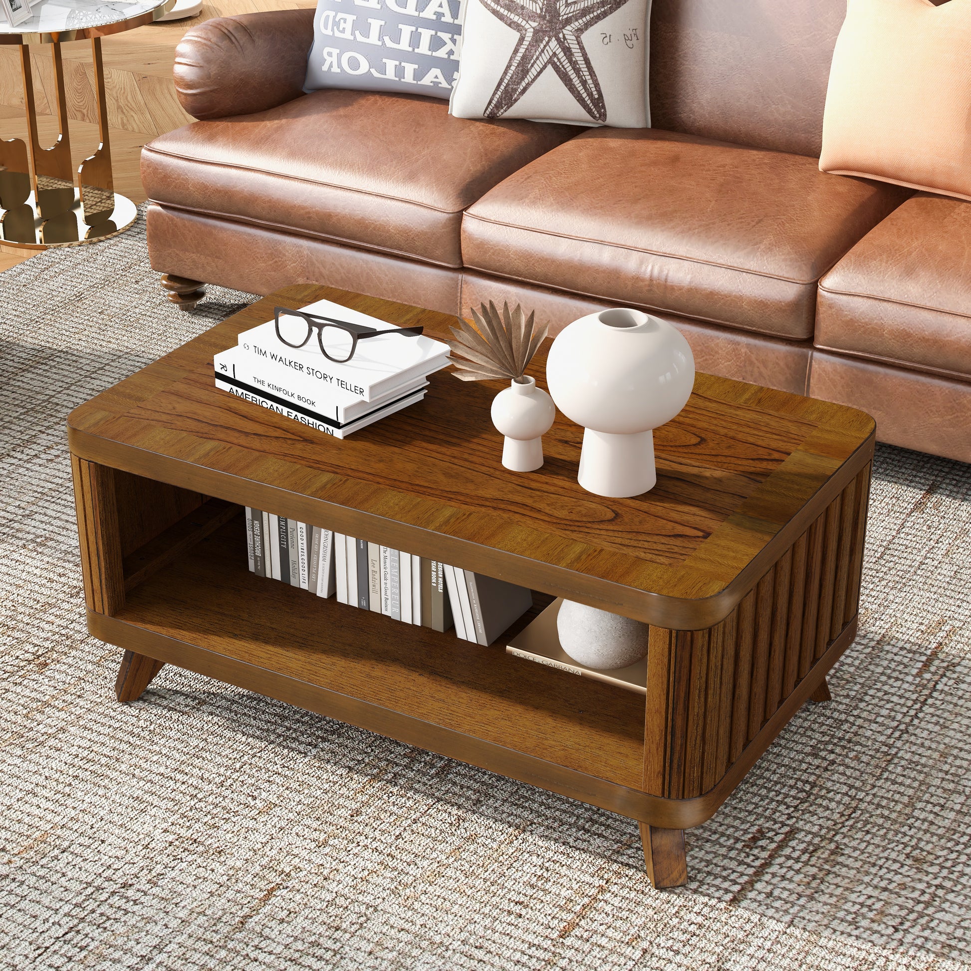 Rectangular Wood Coffee Table for Living Room, 41.5-Inch Coffee Table with Solid Wood Legs, Wood Center Table Tea Table with Open Storage Shelf. Easy Assembly,  Walnut