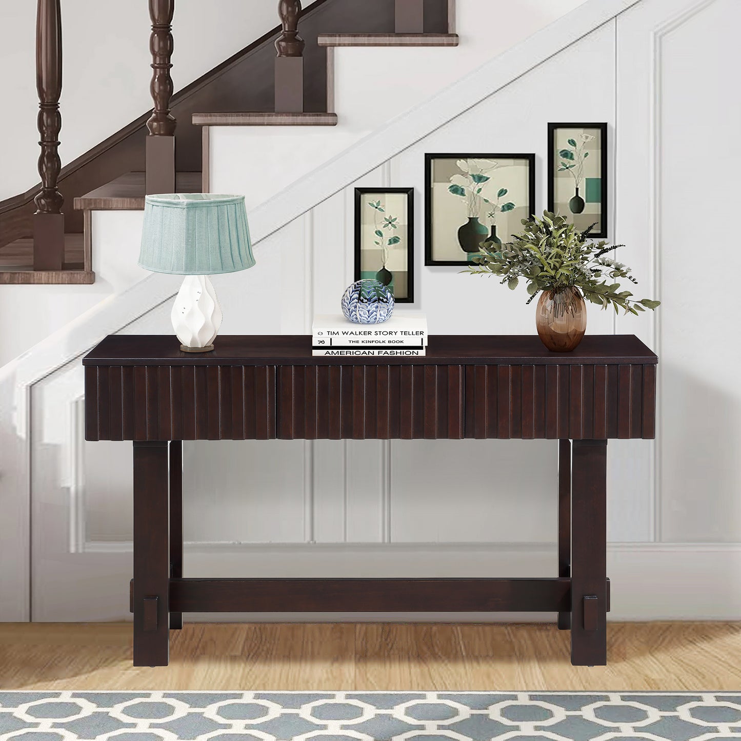 52 inch Espresso Console Table with Fluted Drawers for Entryways for Living Room