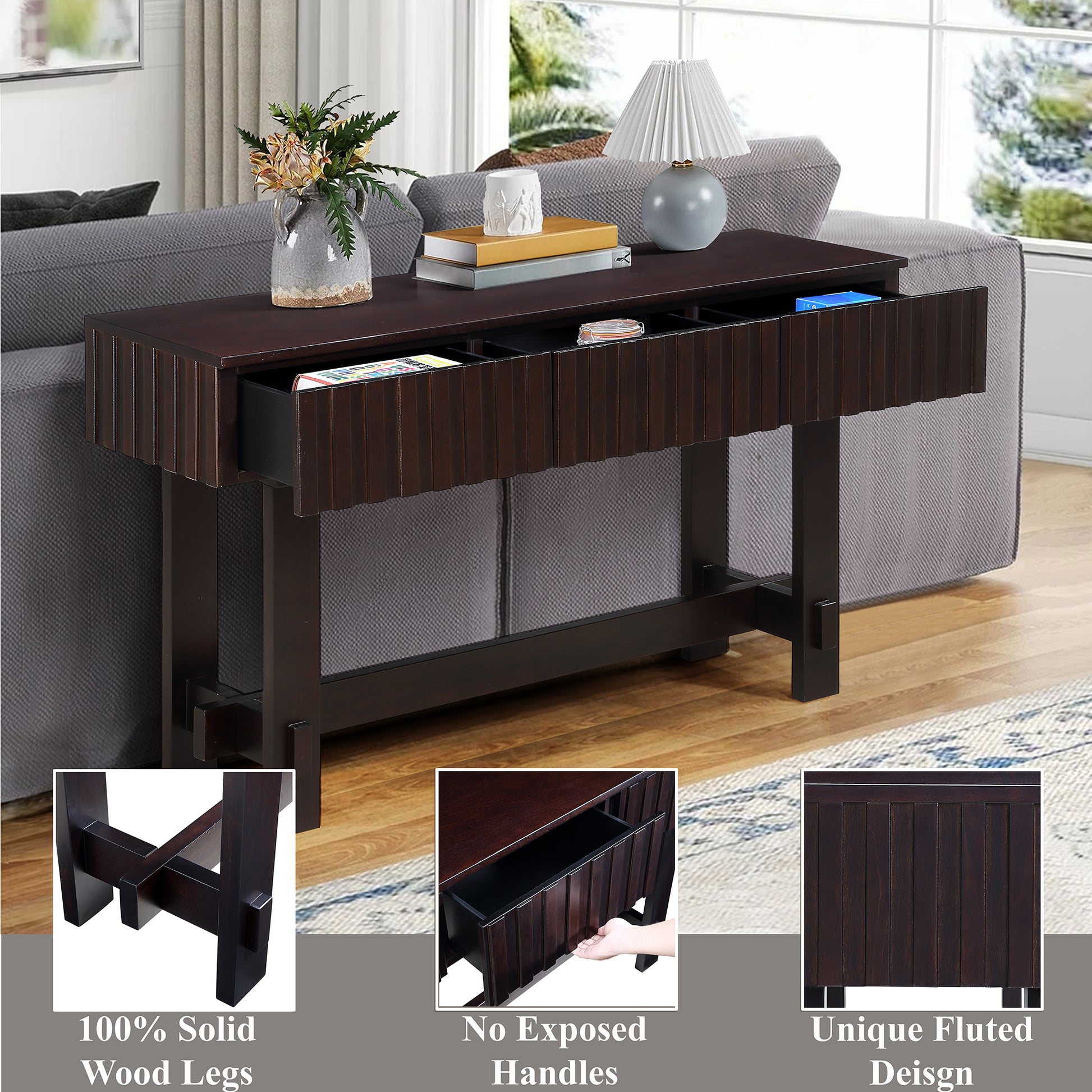 52 inch Espresso Console Table with Fluted Drawers for Entryways for Living Room