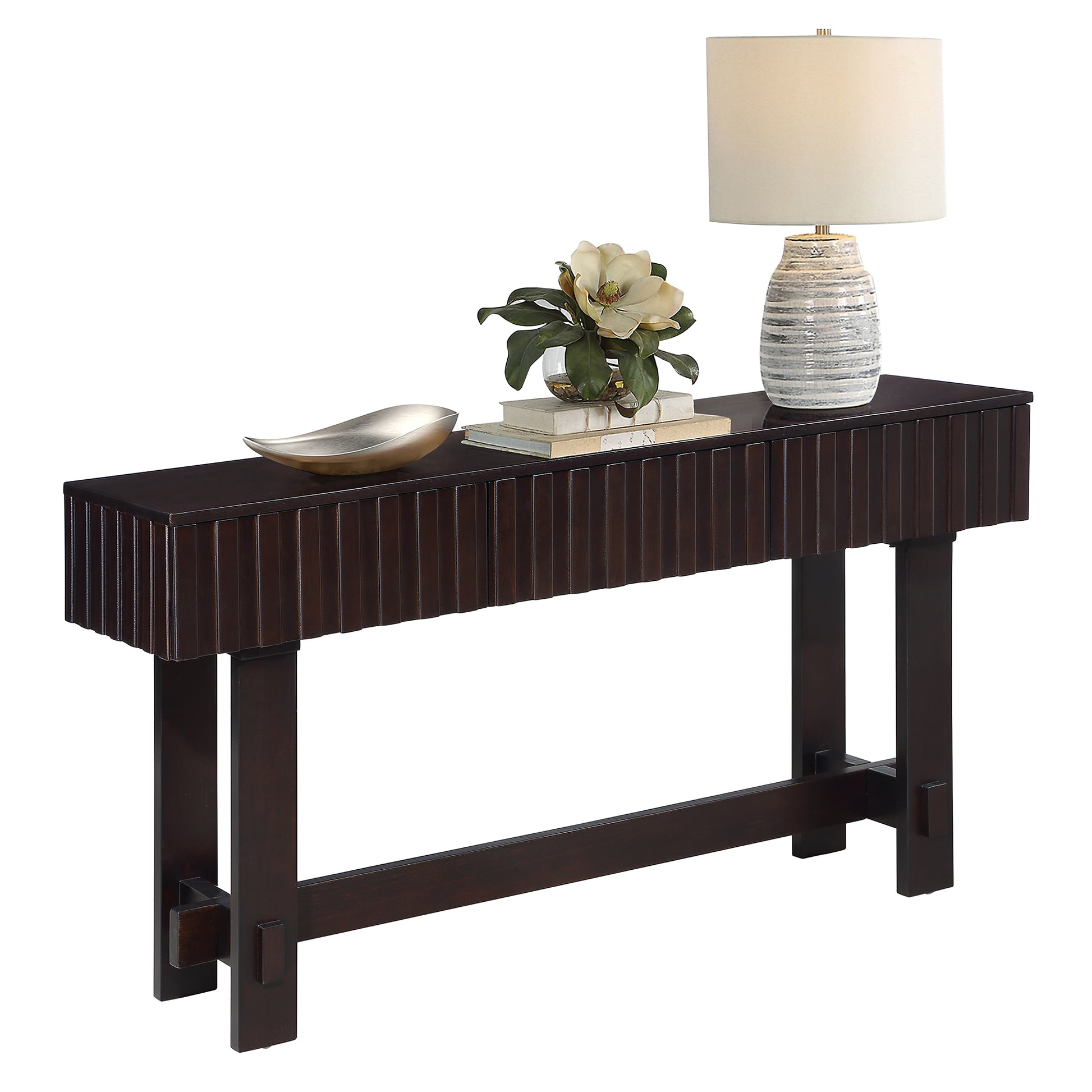 52 inch Sofa Table with Storage Drawers, Mid Century Farmhouse Fluted Console Table with Solid Wood Legs. Entryway Table for Living Room TV, Hallway Entrance Foyer, Espresso