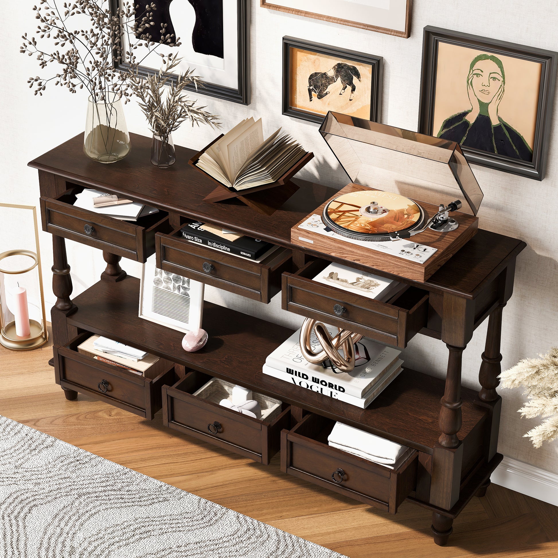 Solid Wood Console Table with 6 Drawers and Shelf, Vintage 54'' 2-Tier Wood Couch Foyer Table for Living Room, Hallway, Entrance (Espresso)
