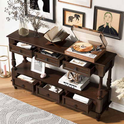 Solid Wood Console Table with 6 Drawers and Shelf, Vintage 54'' 2-Tier Wood Couch Foyer Table for Living Room, Hallway, Entrance (Espresso)