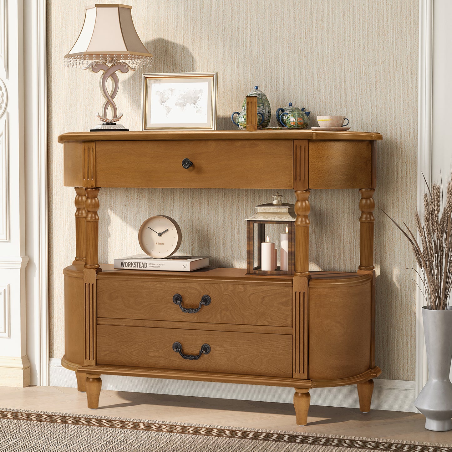 Retro Curved Wood Console Table with 3 Drawers, 43'' Entry Table with Storage Shelf, Sofa Table Behind Couch with Solid Wood Legs for Living Room Hallway, Brown