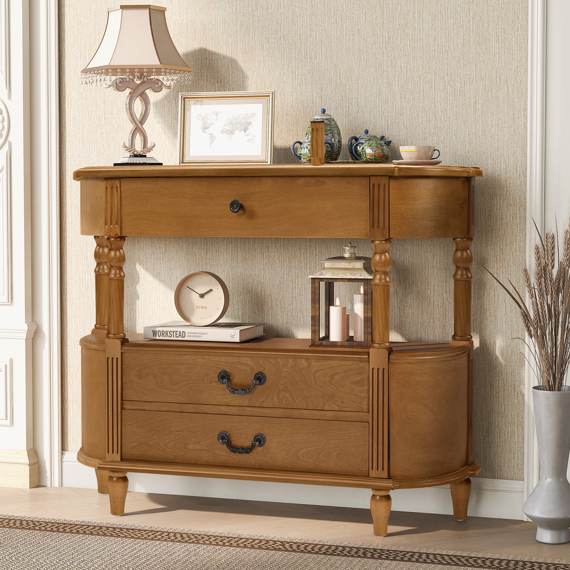 Retro Curved Wood Console Table with 3 Drawers, 43'' Entry Table with Storage Shelf, Sofa Table Behind Couch with Solid Wood Legs for Living Room Hallway, Brown
