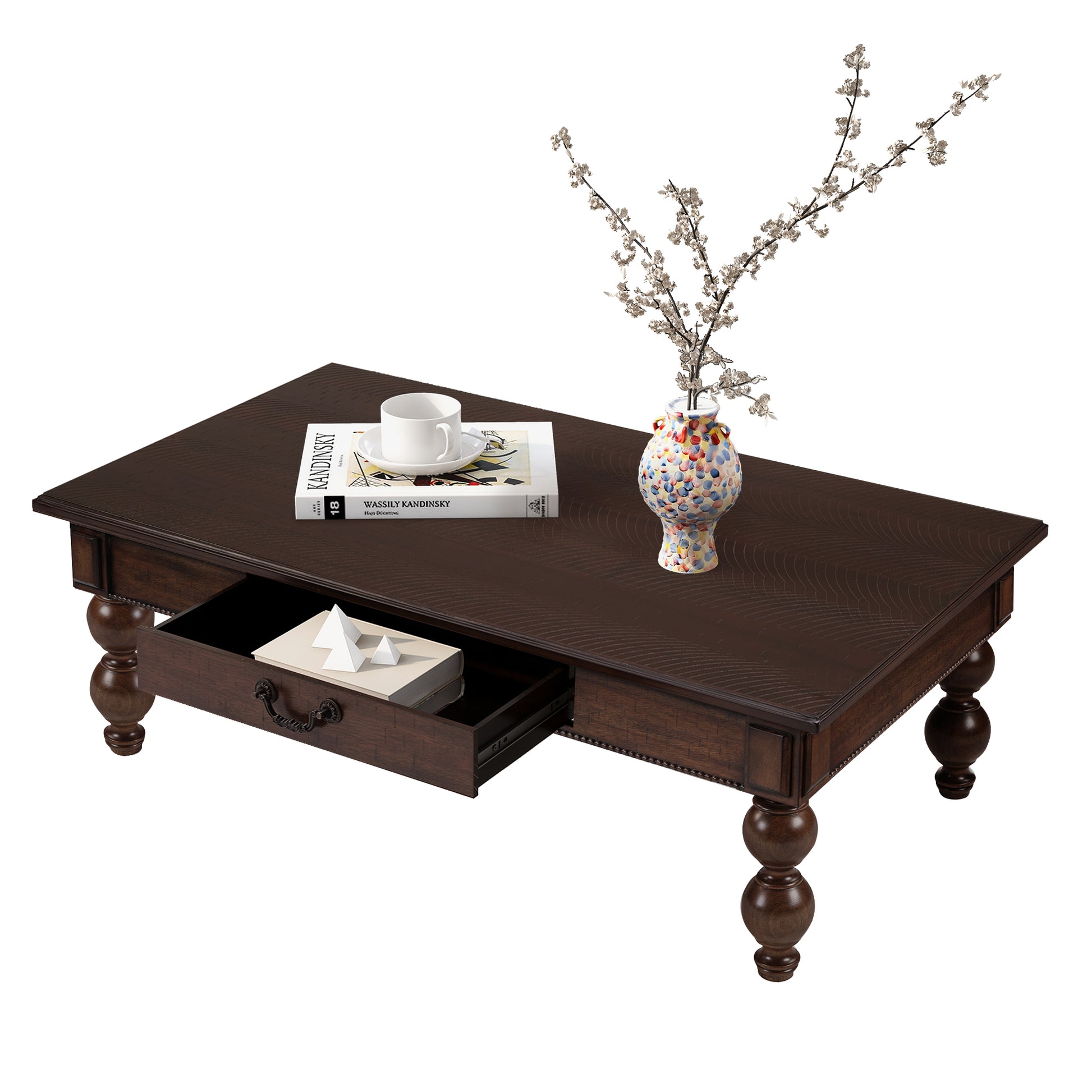 Rectangular Wooden Coffee Table with Storage Drawer, Vintage Cocktail Table with Solid Wood Gourd-Shaped Legs for Living Room,No-Tools Assembly (Espresso)
