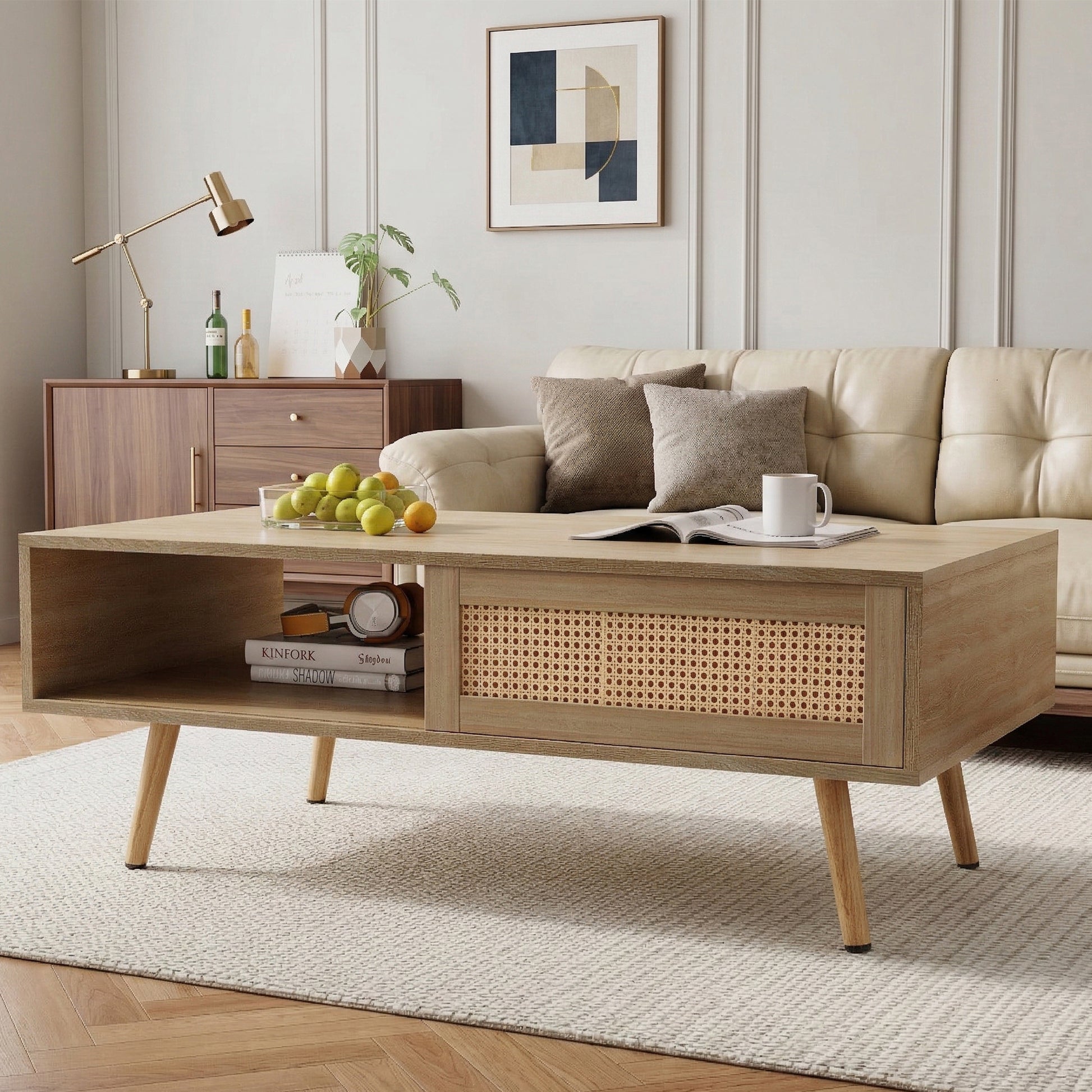 41.34" Rattan Coffee table, sliding door for storage, solid wood legs, Modern table  for living room , natural