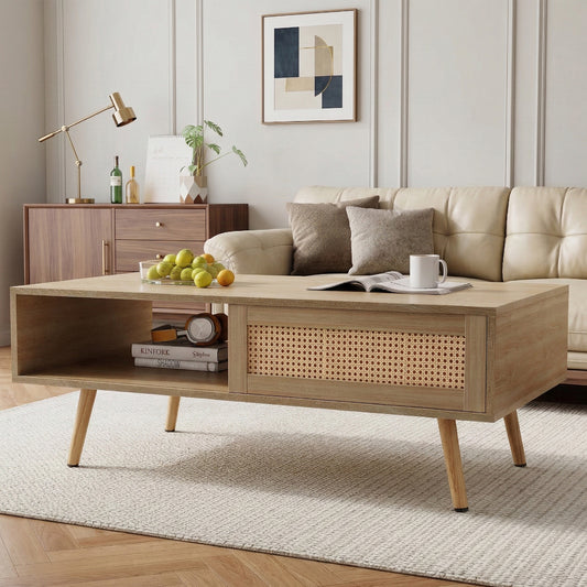 41.34" Rattan Coffee table, sliding door for storage, solid wood legs, Modern table  for living room , natural