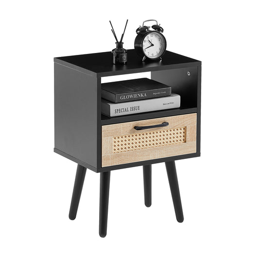 Black Rattan End Table with Drawer - Bedroom Nightstand