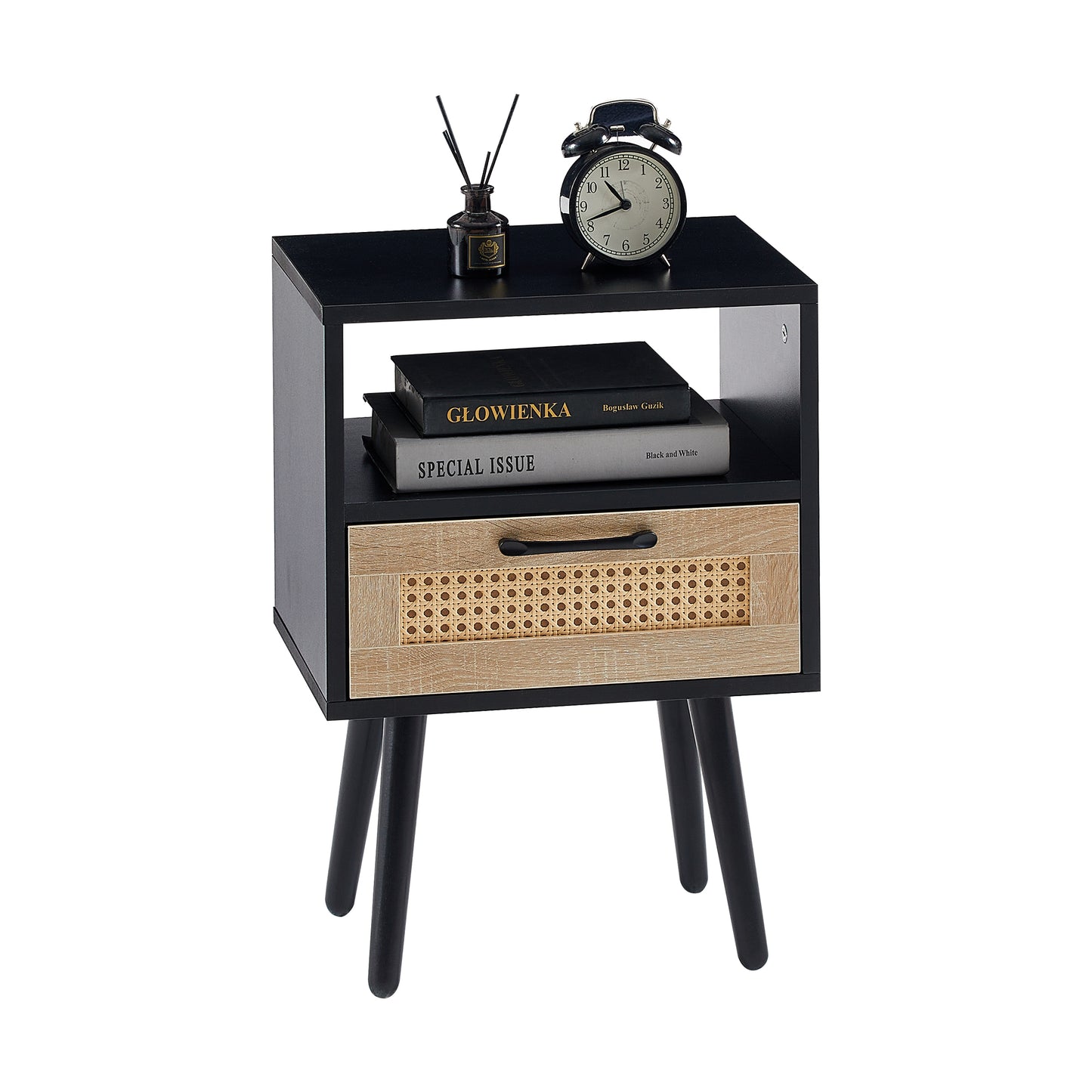 Black Rattan End Table with Drawer - Bedroom Nightstand