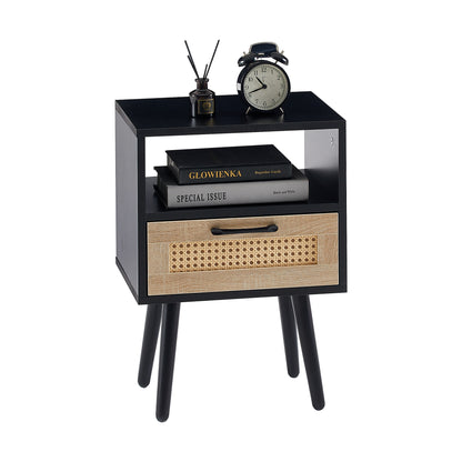 Black Rattan End Table with Drawer - Bedroom Nightstand