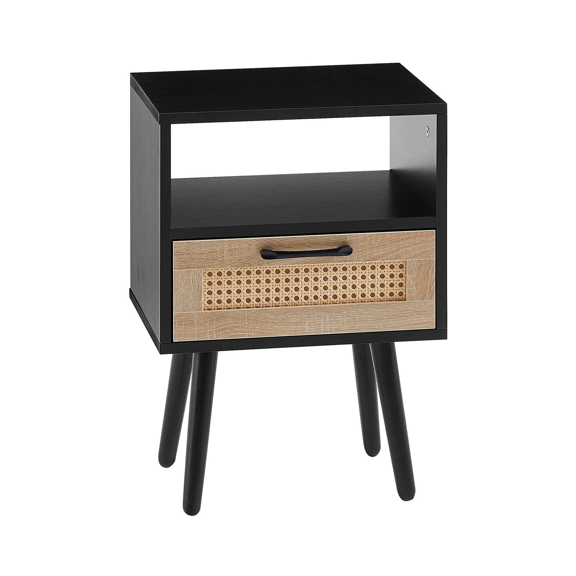 Black Rattan End Table with Drawer - Bedroom Nightstand