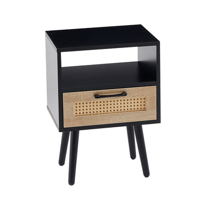 Black Rattan End Table with Drawer - Bedroom Nightstand