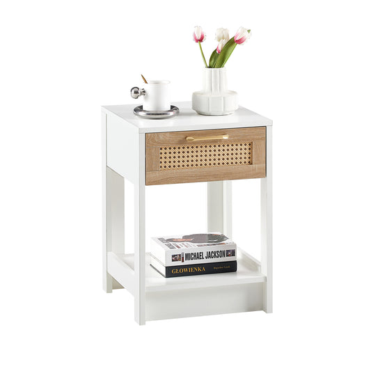 White Rattan End Table with Drawer - Nightstand for Bedroom or Living Room