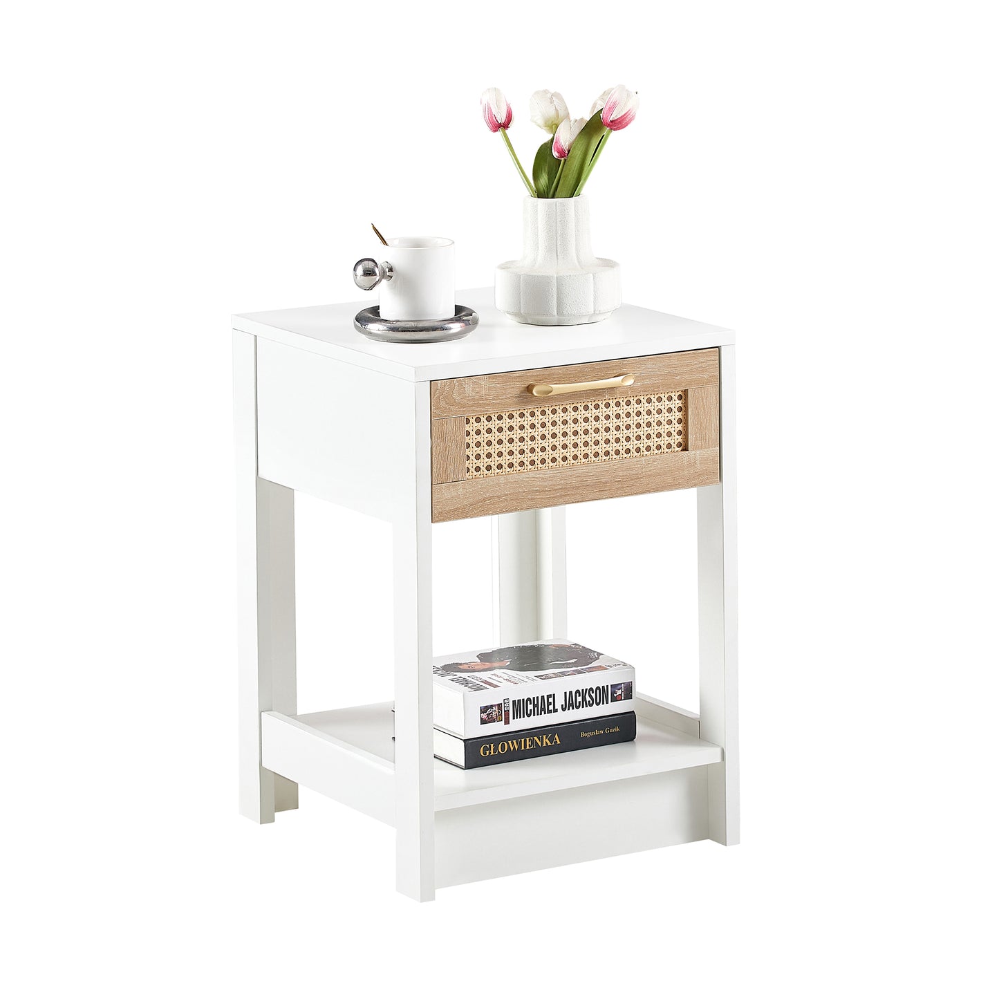 White Rattan End Table with Drawer - Nightstand for Bedroom or Living Room