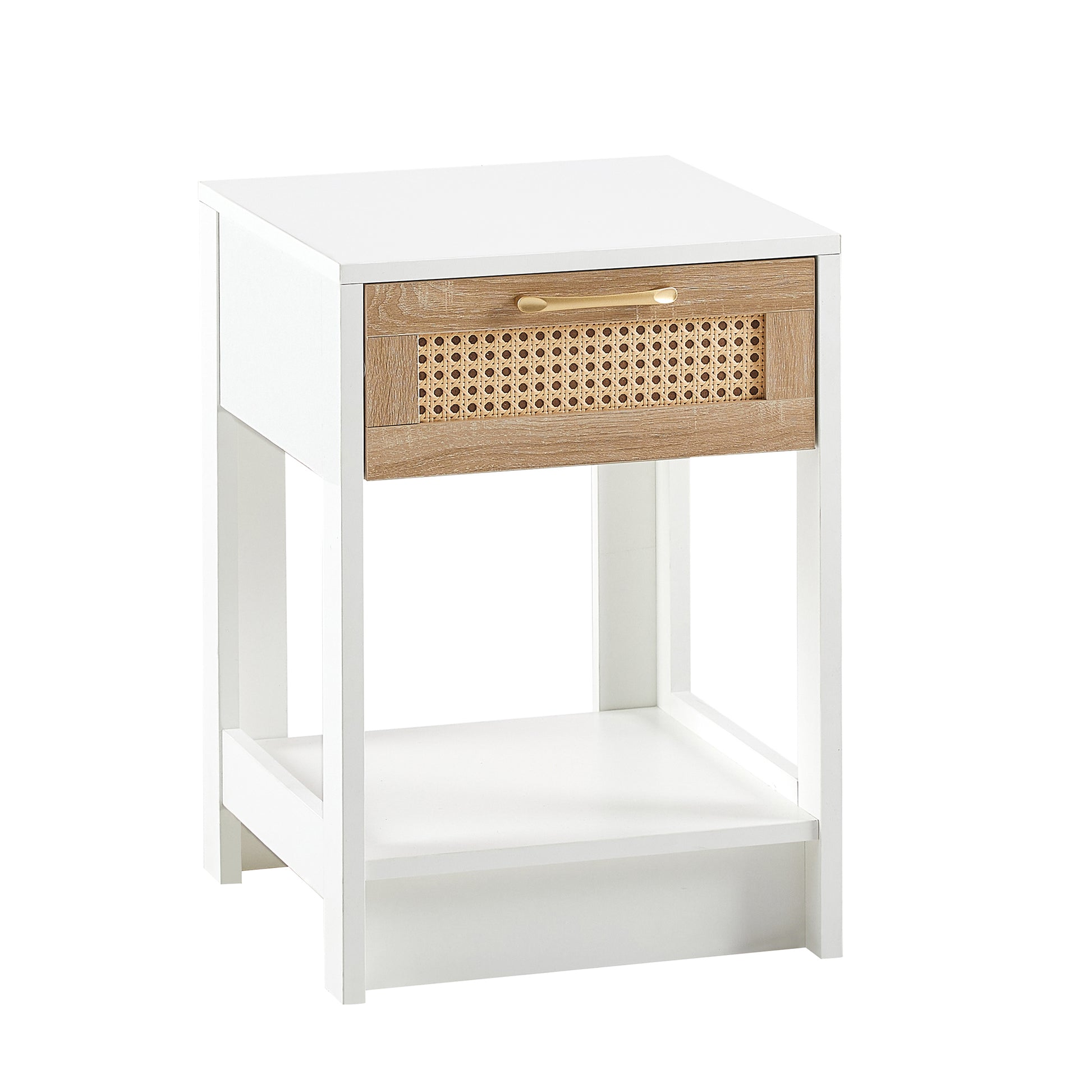 White Rattan End Table with Drawer - Nightstand for Bedroom or Living Room