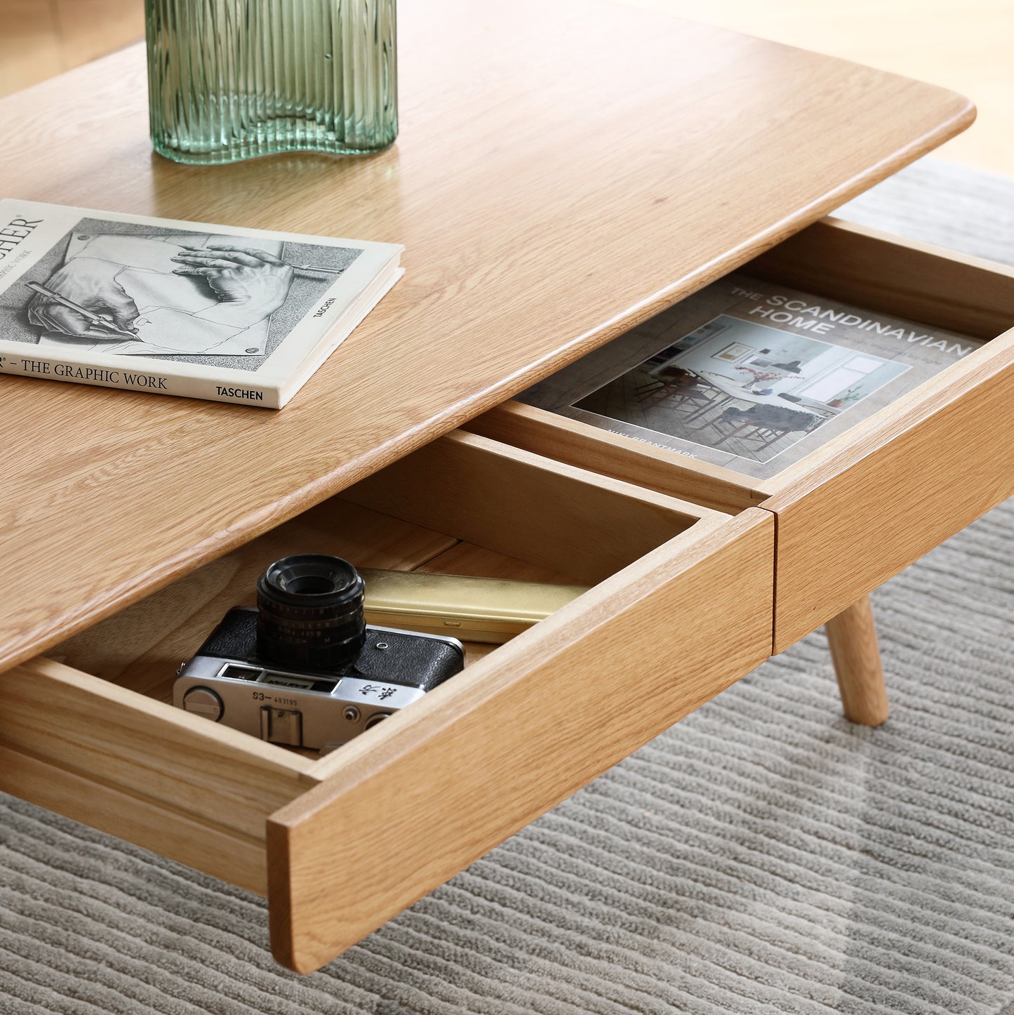 120cm Oak Rectangular Coffee Table with Drawers for Living Room