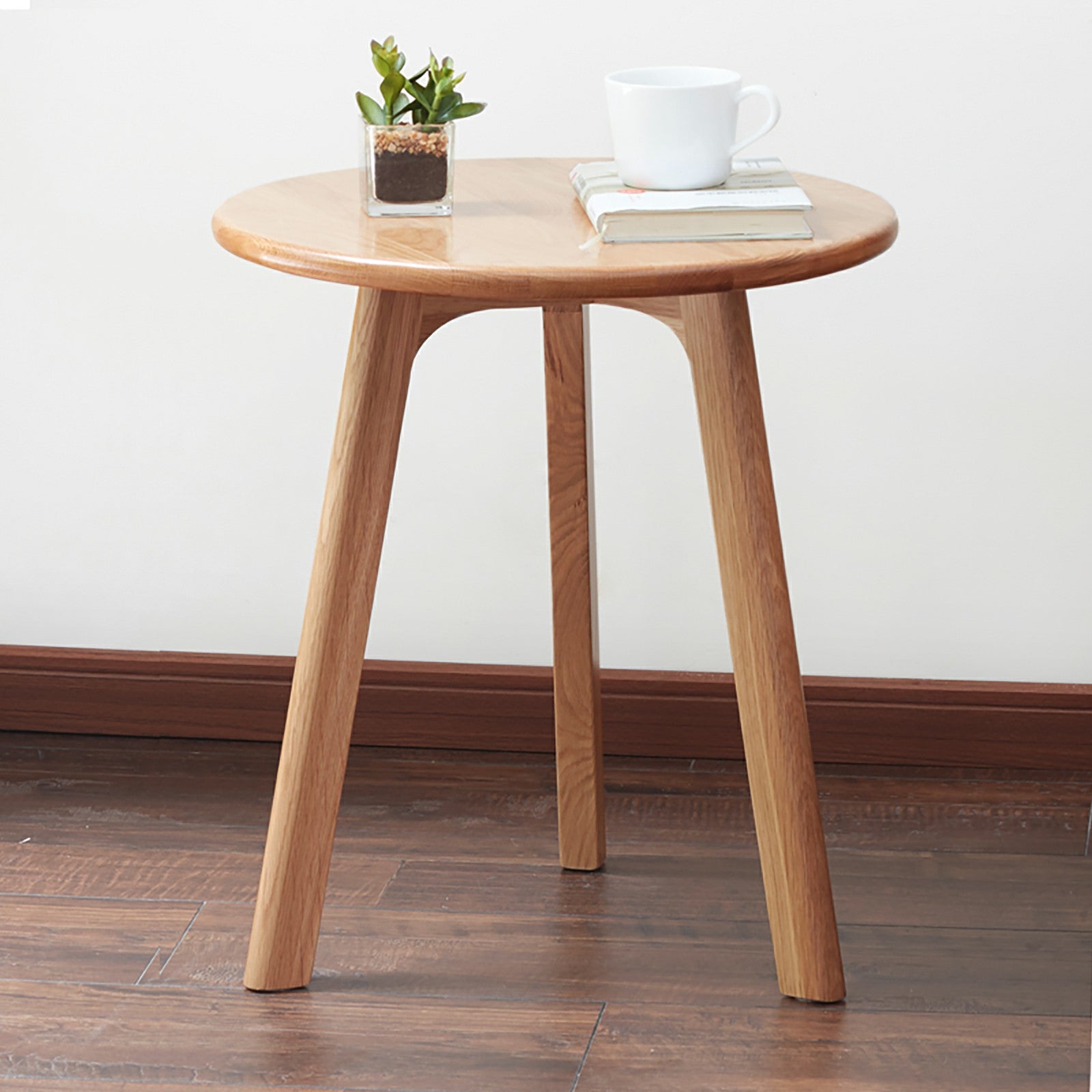 Natural Oak Round End Table - Small Side Table for Living Room & Bedroom