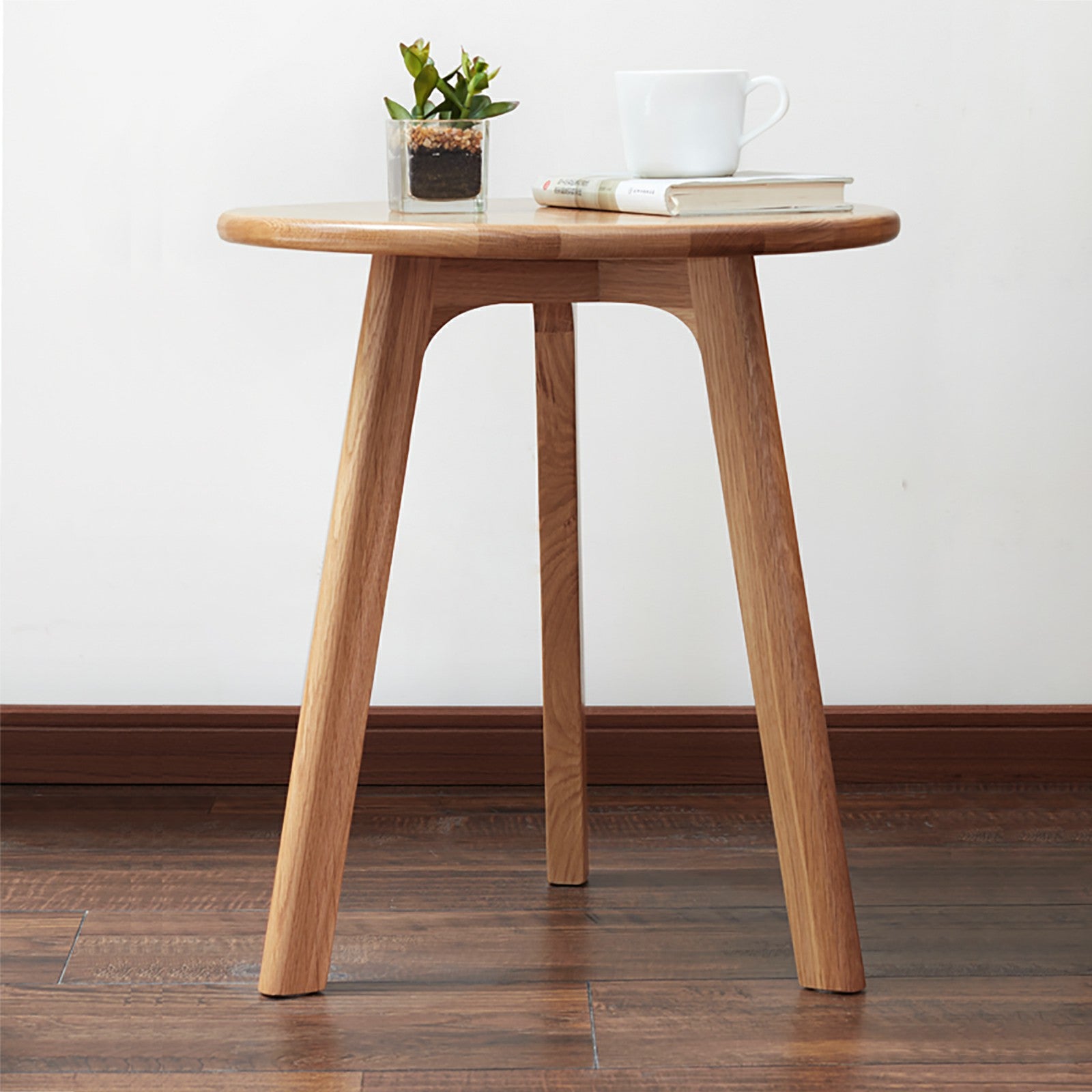 Natural Oak Round End Table - Small Side Table for Living Room & Bedroom