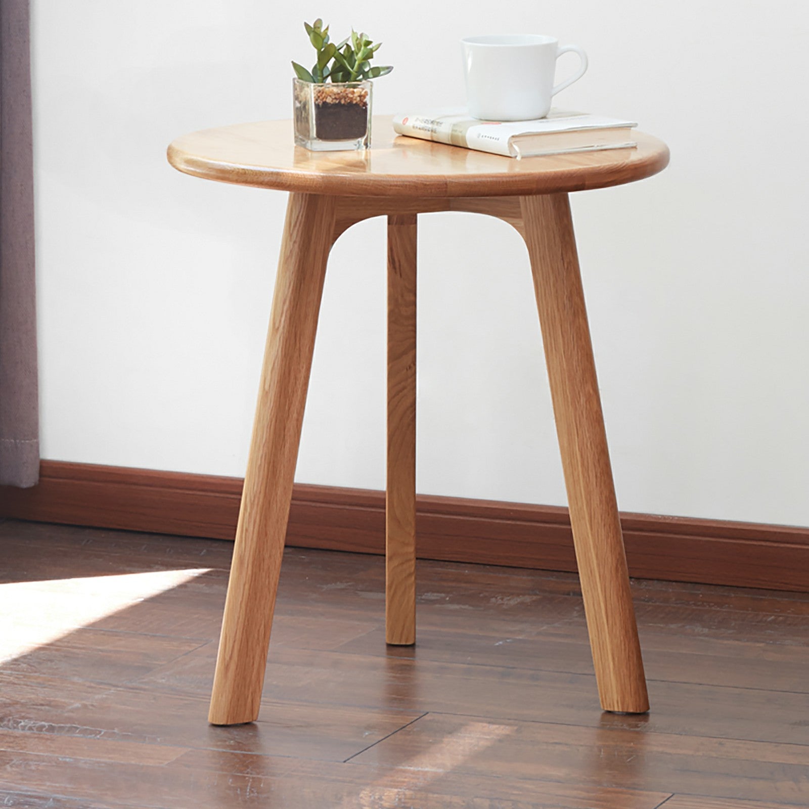 Natural Oak Round End Table - Small Side Table for Living Room & Bedroom