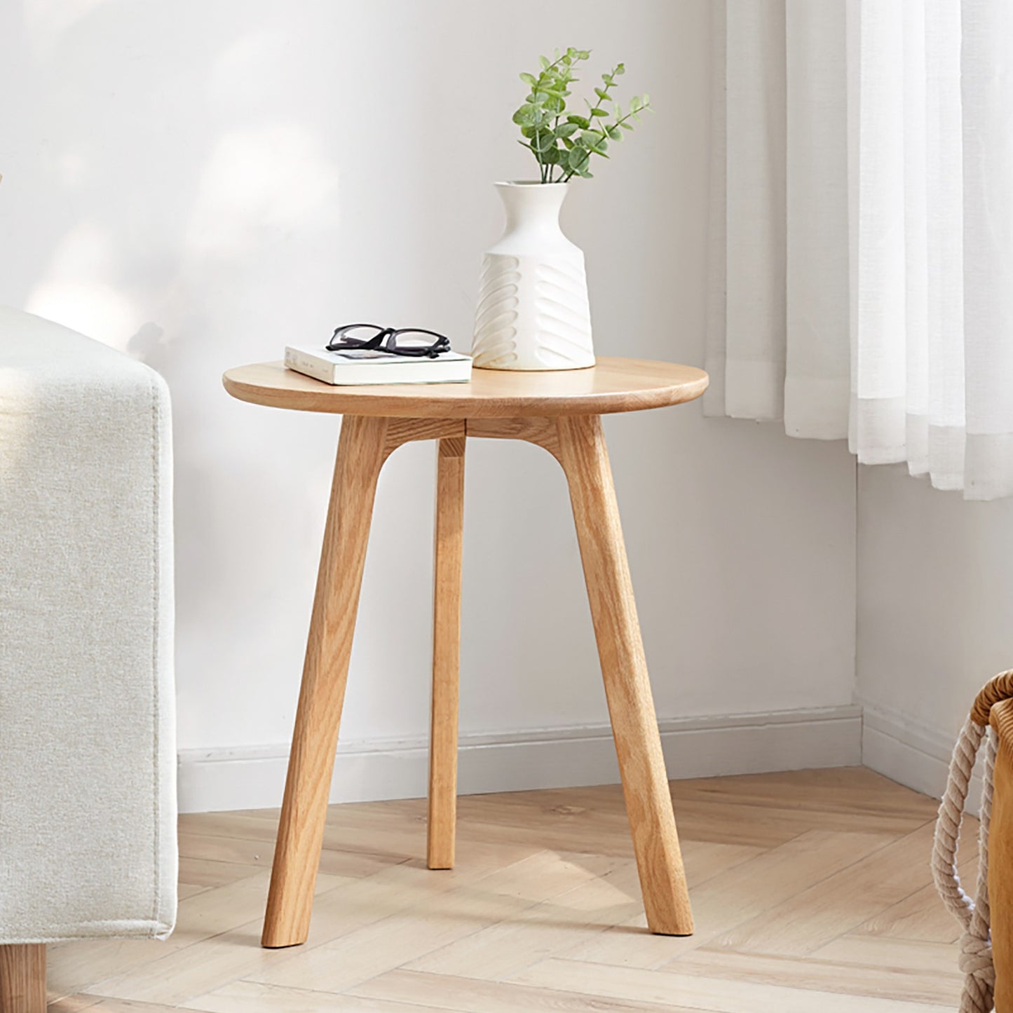 Natural Oak Round End Table - Small Side Table for Living Room & Bedroom