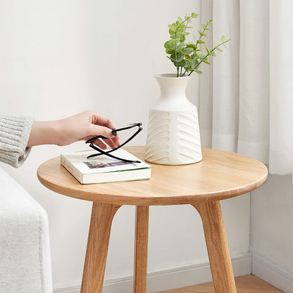 Natural Oak Round End Table - Small Side Table for Living Room & Bedroom