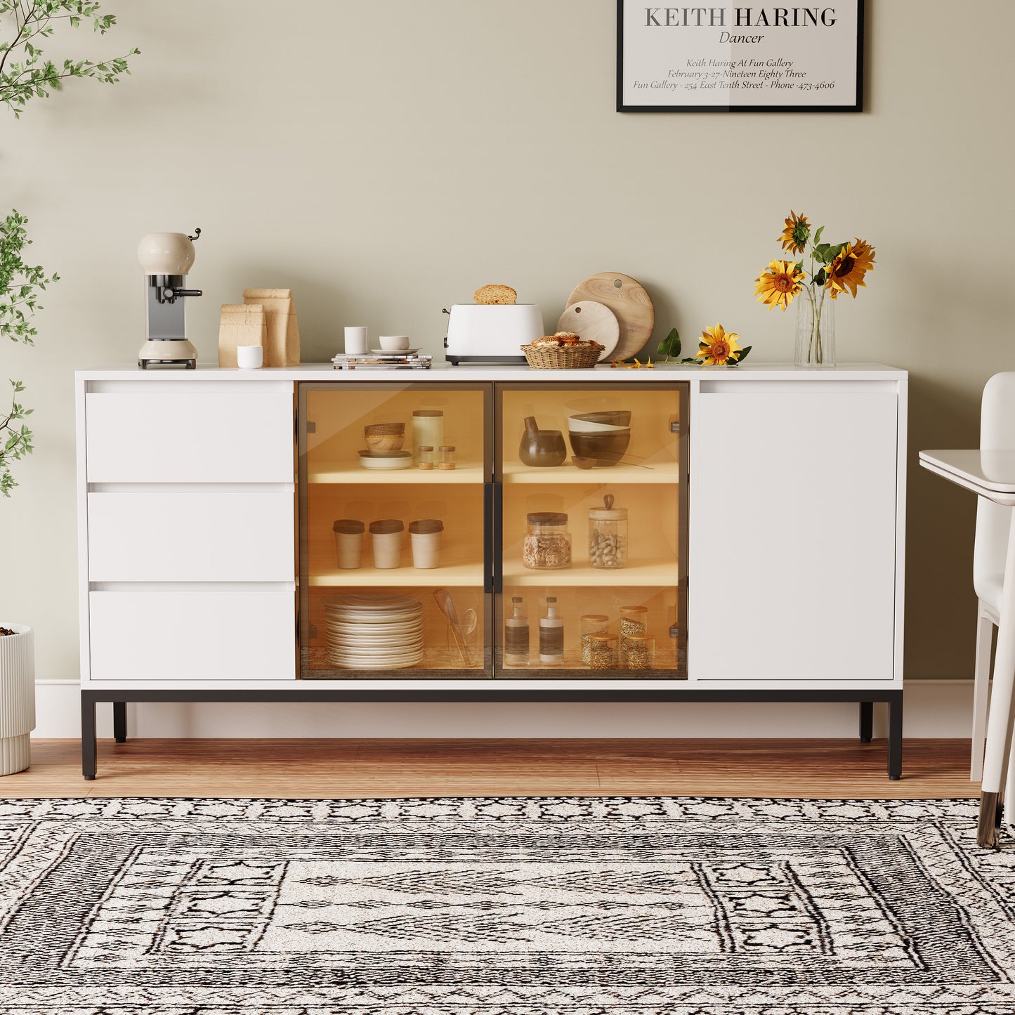 Buffet cabinet with storage, kitchen side panel storage room with doors and 3 drawers, pantry cabinet display rack, console, dining table manager furniture, living room dining room white