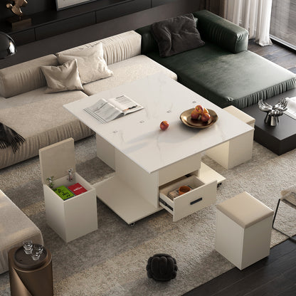 Light Yellow Lift-Up Coffee Table with 4 Stools Storage Set for Living Room