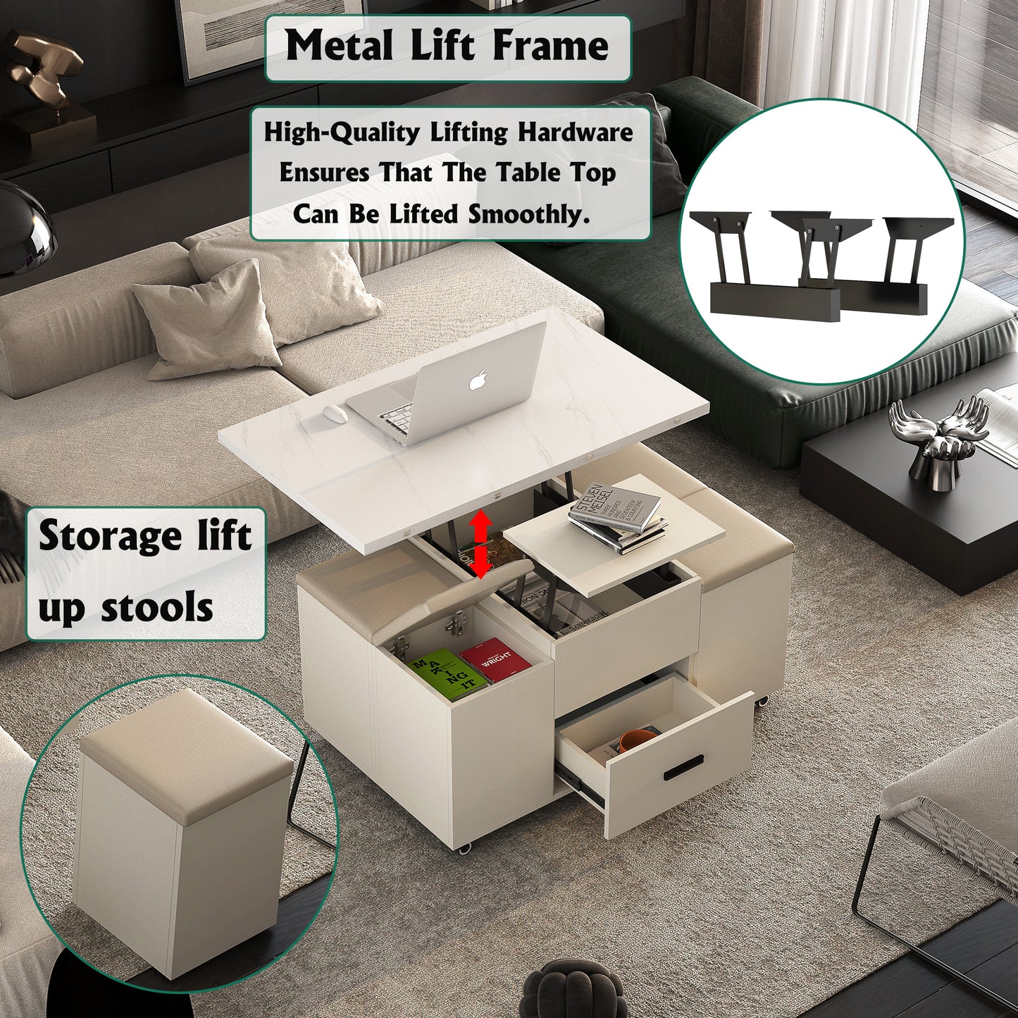 Light Yellow Lift-Up Coffee Table with 4 Stools Storage Set for Living Room