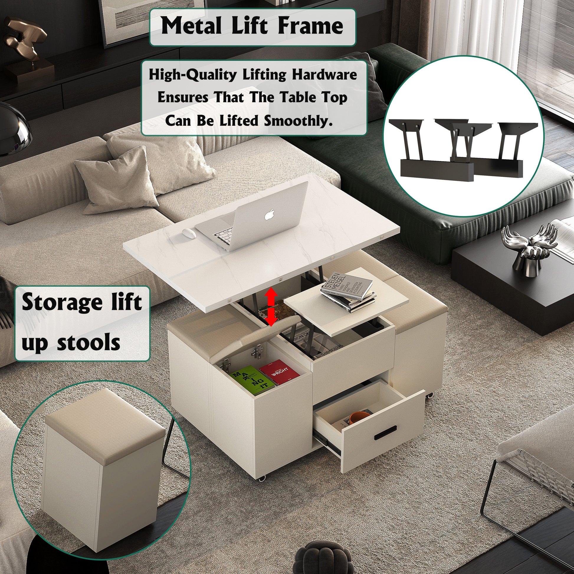 Light Yellow Lift-Up Coffee Table with 4 Stools Storage Set for Living Room