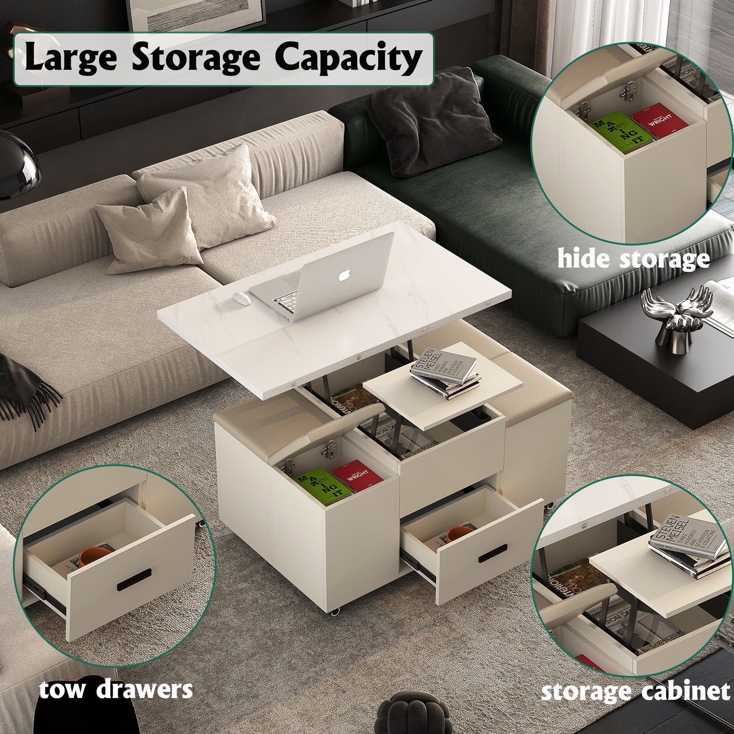 Light Yellow Lift-Up Coffee Table with 4 Stools Storage Set for Living Room