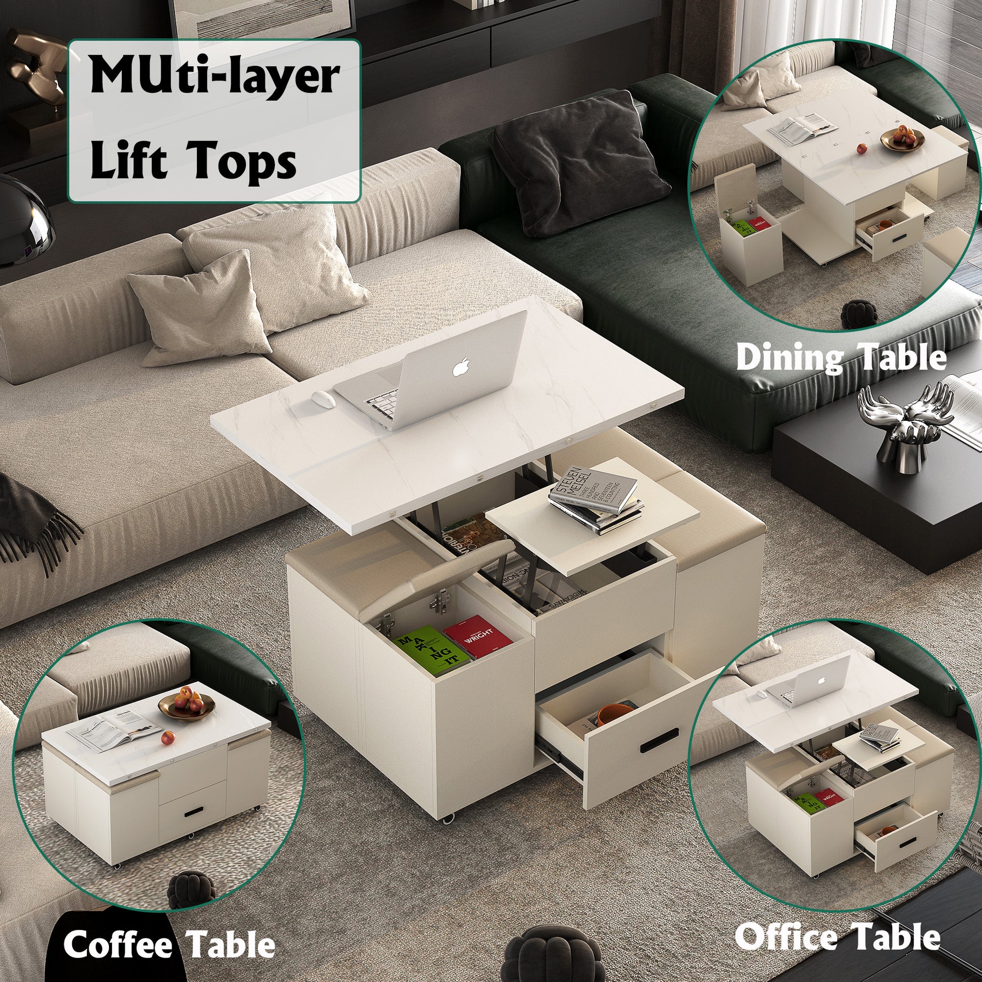 Light Yellow Lift-Up Coffee Table with 4 Stools Storage Set for Living Room
