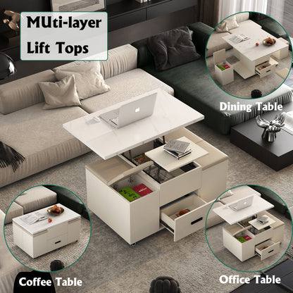 Light Yellow Lift-Up Coffee Table with 4 Stools Storage Set for Living Room