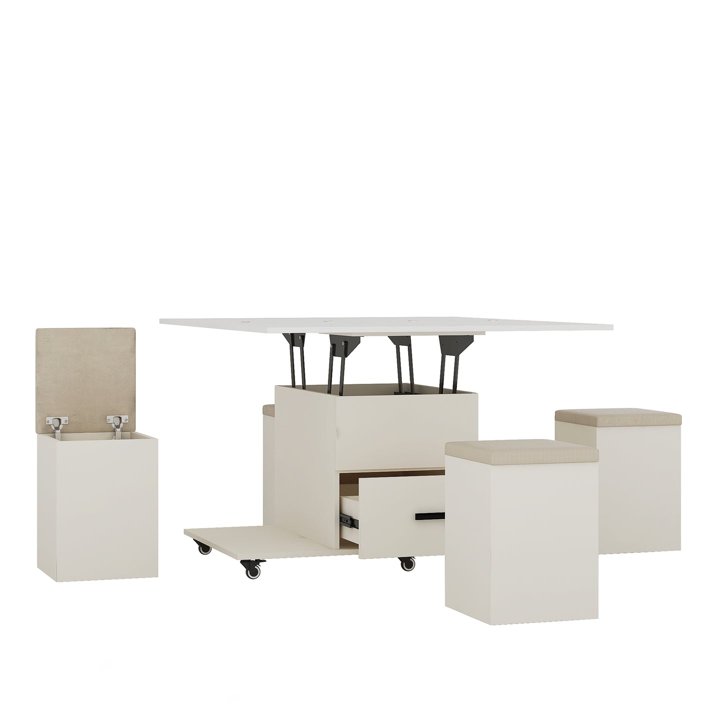 Light Yellow Lift-Up Coffee Table with 4 Stools Storage Set for Living Room