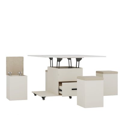 Light Yellow Lift-Up Coffee Table with 4 Stools Storage Set for Living Room