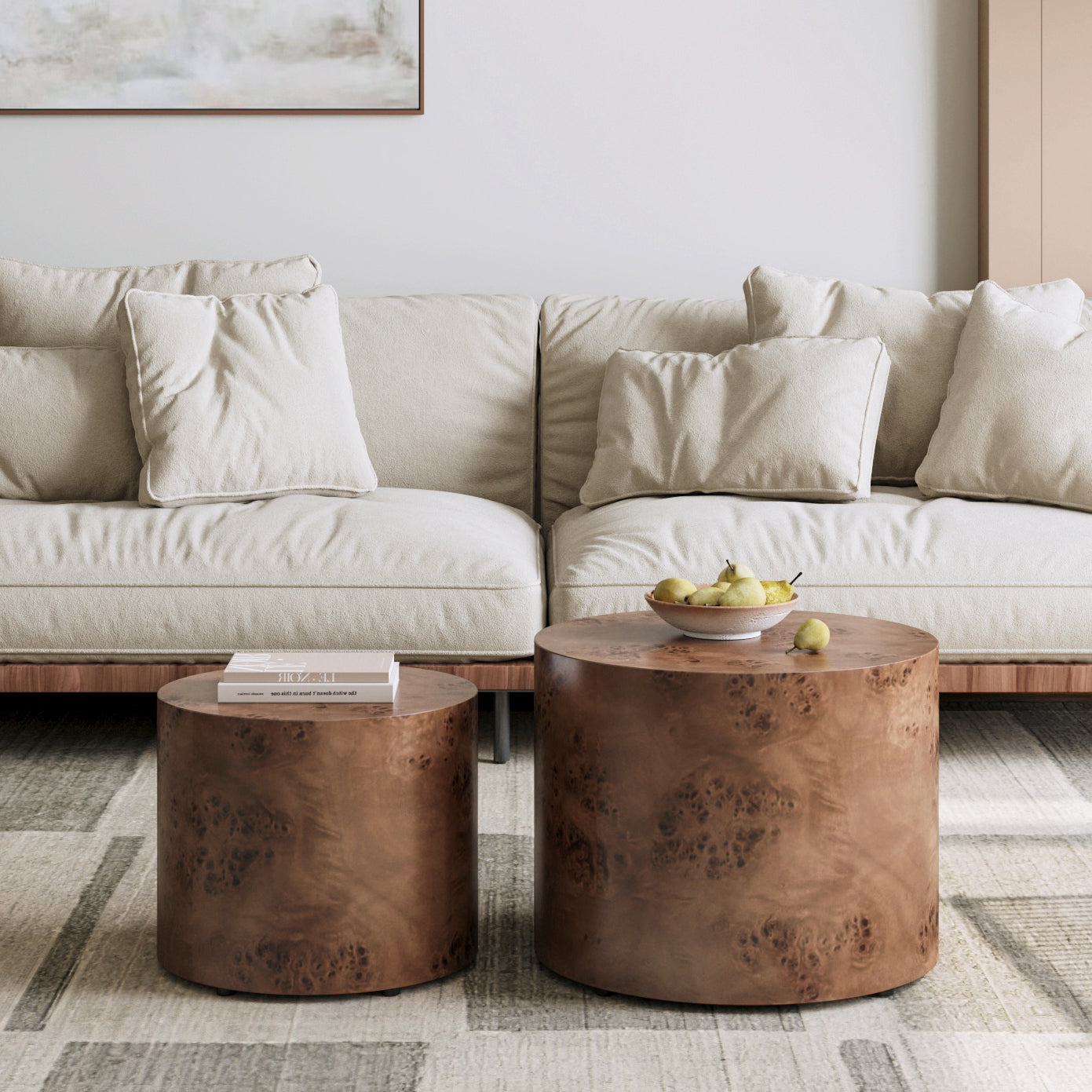 Dark Brown Burl Coffee Table Set - 2 Nesting Tables for Living Room Bedroom