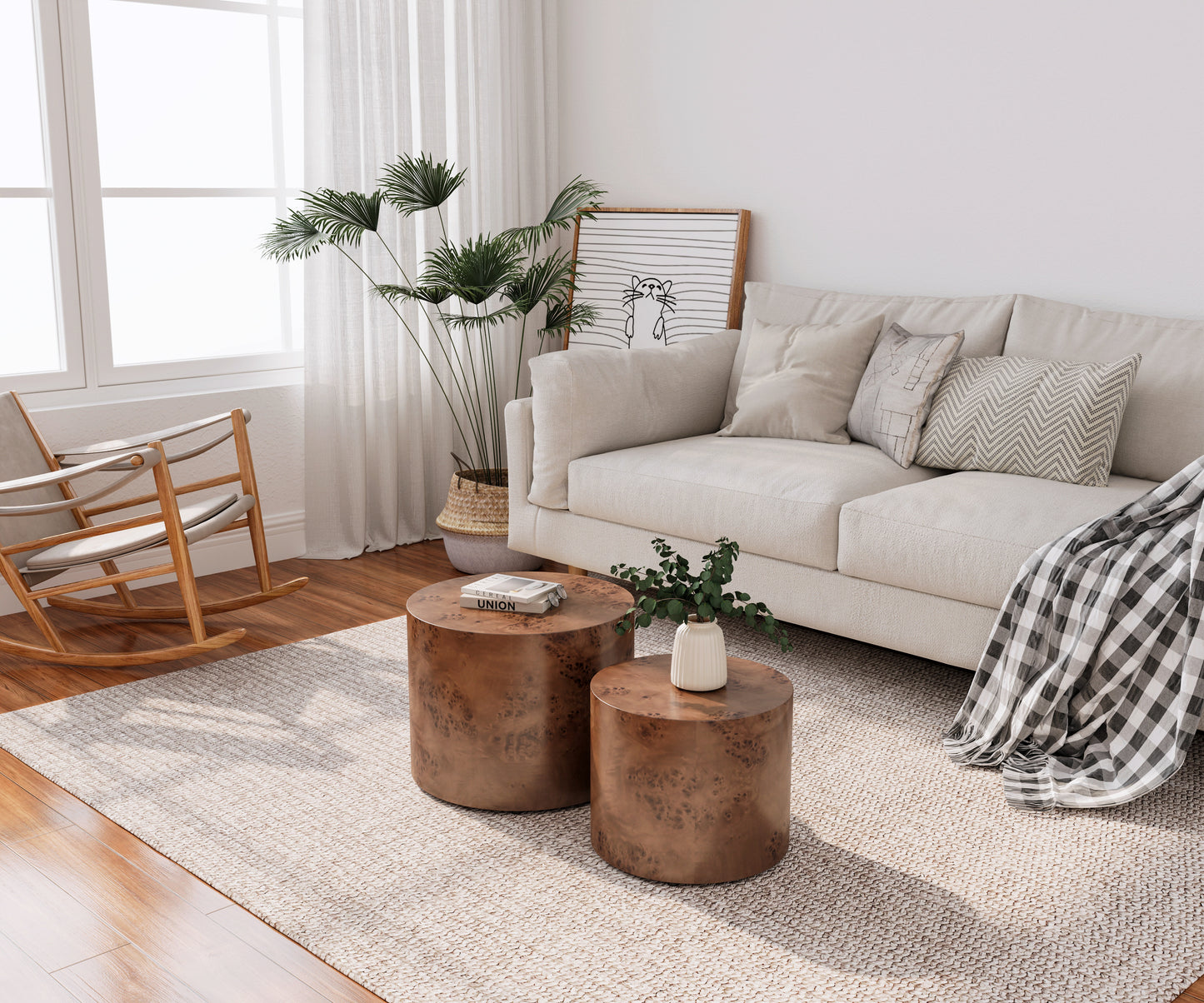 Dark Brown Burl Coffee Table Set - 2 Nesting Tables for Living Room Bedroom