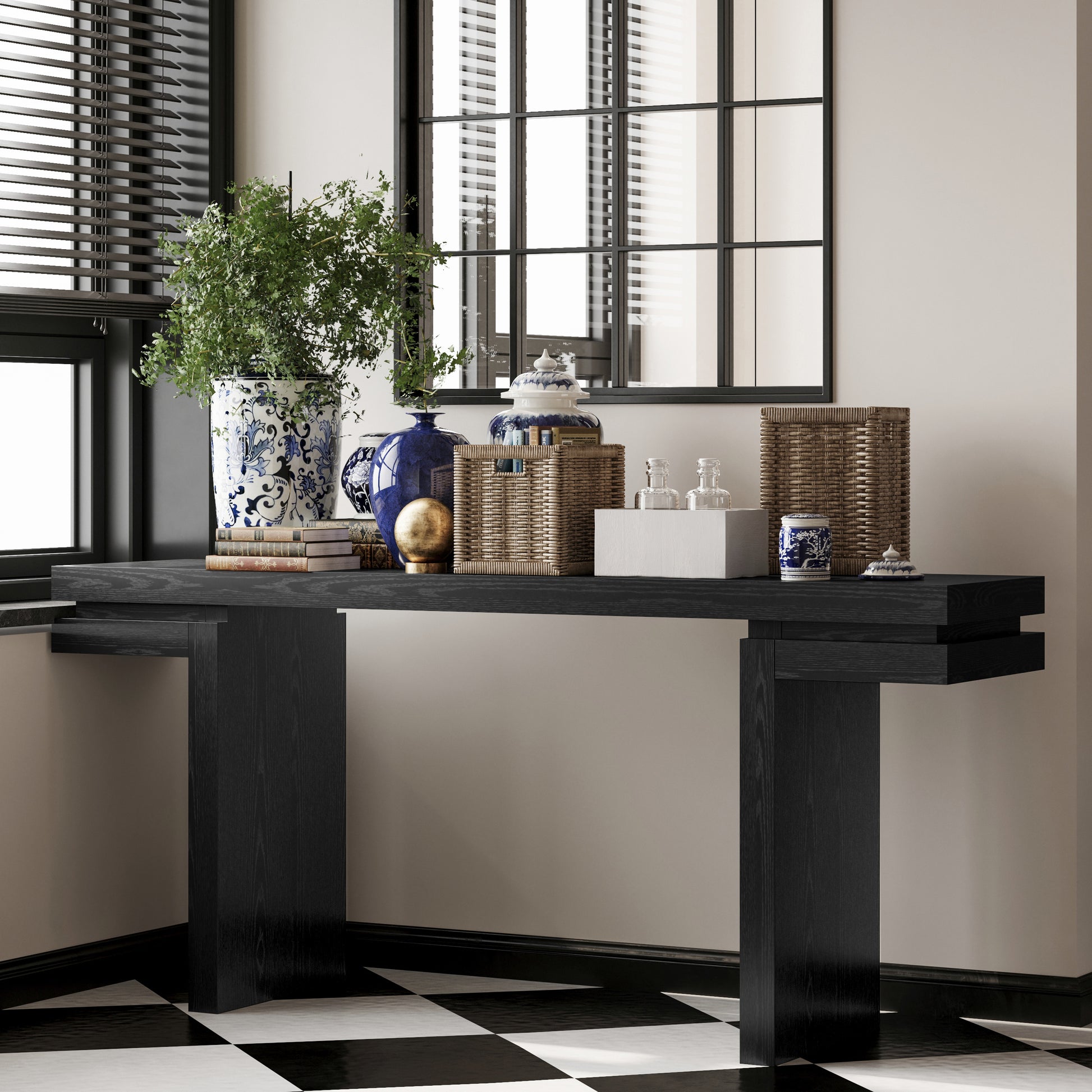 66" Extra Wide Real Wood Veneered Console Table, Minimalist Sofa Table Behind Couch for Entryway, Hallway, Living Room, Home Office, Black