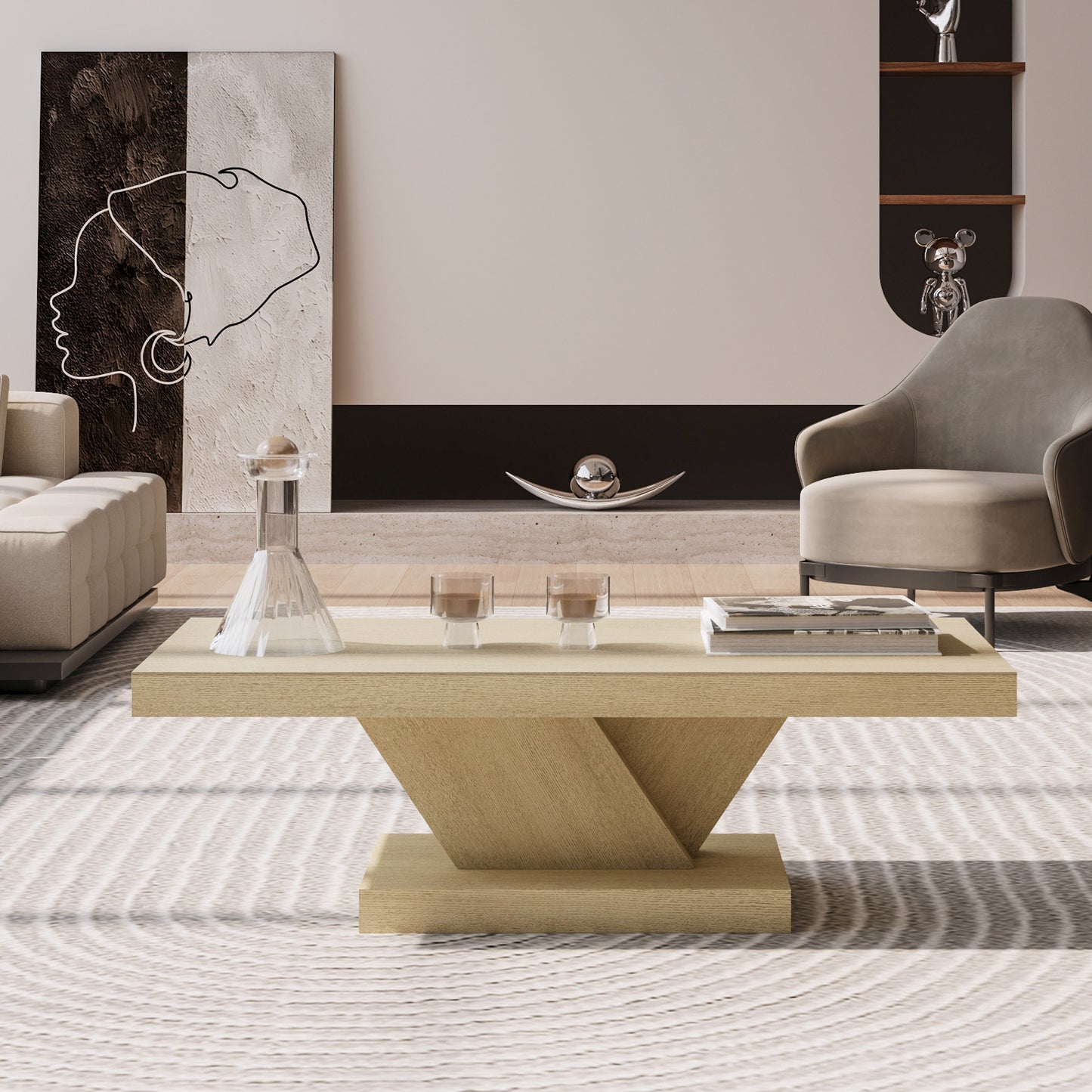 47" Modern Cross Leg Coffee Table - Solid Wood & MDF, Oak Finish