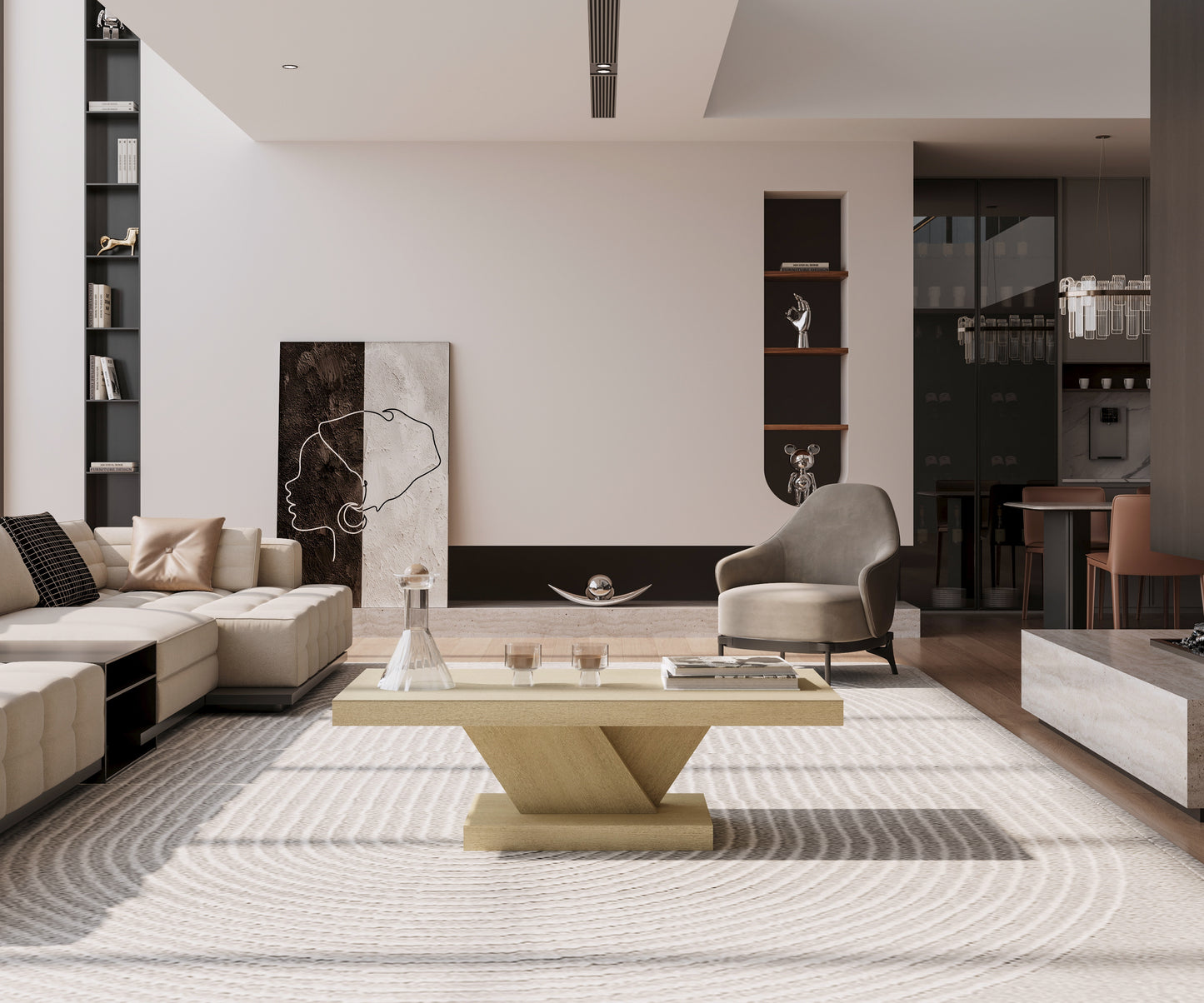 47" Modern Cross Leg Coffee Table - Solid Wood & MDF, Oak Finish