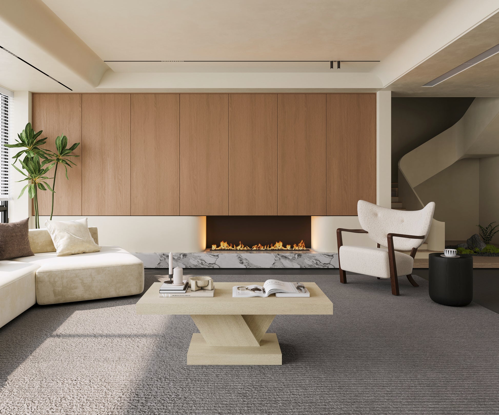 47" Modern Cross Leg Coffee Table - Solid Wood & MDF, Oak Finish