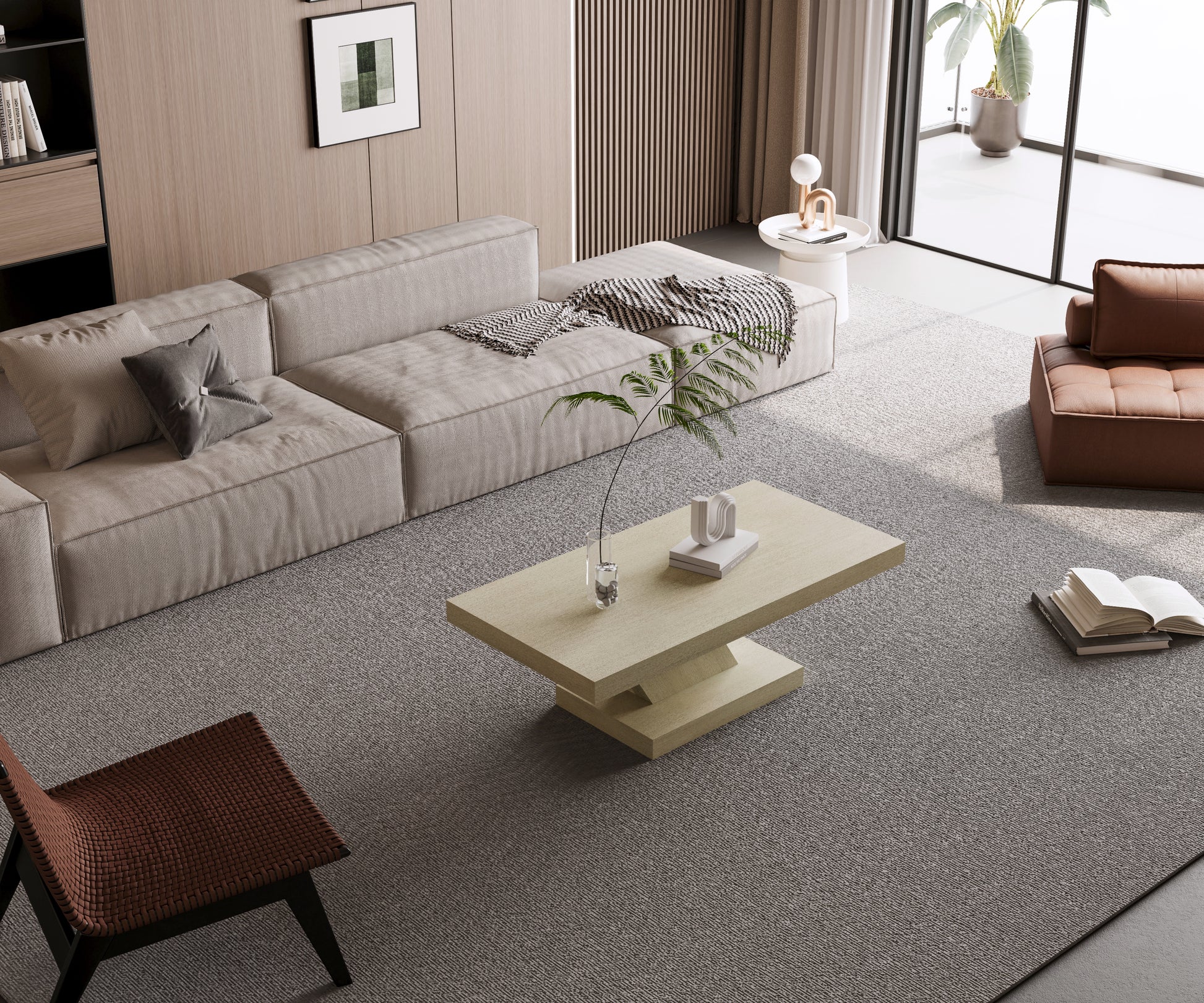 47" Modern Cross Leg Coffee Table - Solid Wood & MDF, Oak Finish